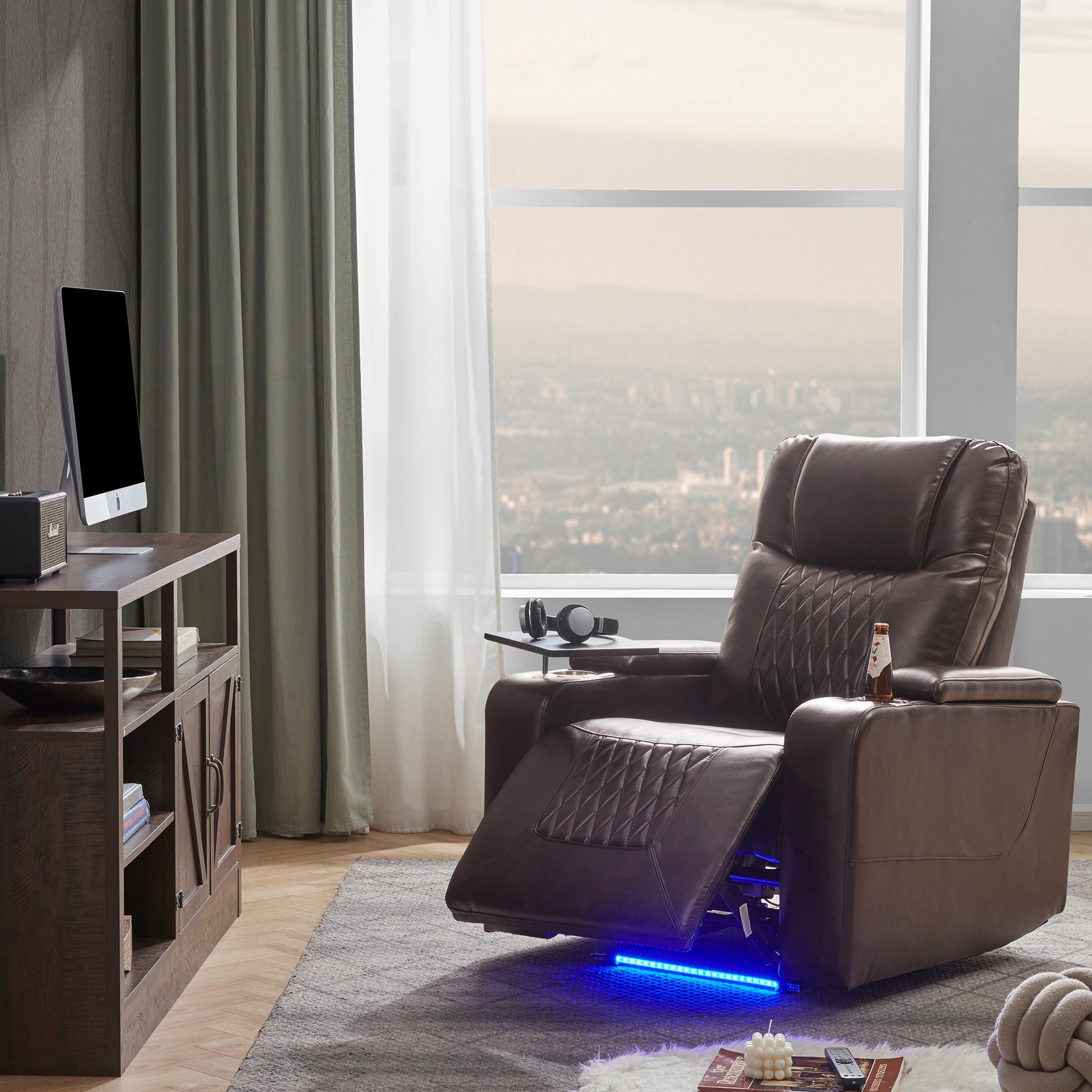 Power Motion Recliner With Usb Charging Port And Hidden Arm Storage 2 Convenient Cup Holders Design And 360 Swivel Tray Table,Brown Old Sku: Sg000630Aad Brown Foam Pu