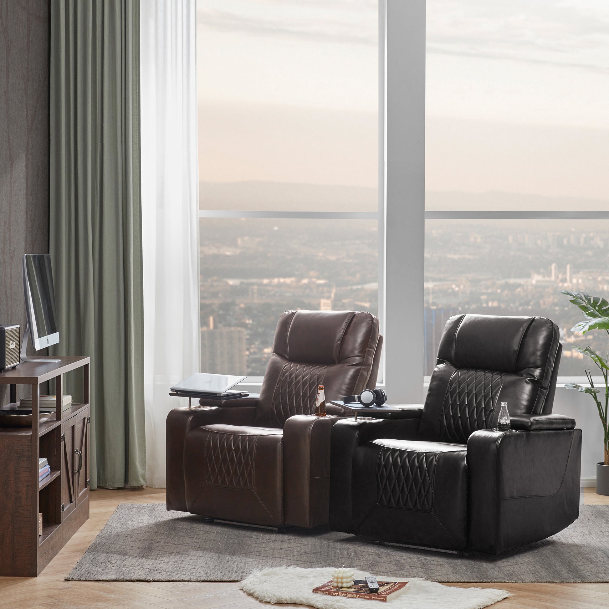 Power Motion Recliner With Usb Charging Port And Hidden Arm Storage 2 Convenient Cup Holders Design And 360 Swivel Tray Table,Brown Old Sku: Sg000630Aad Brown Foam Pu