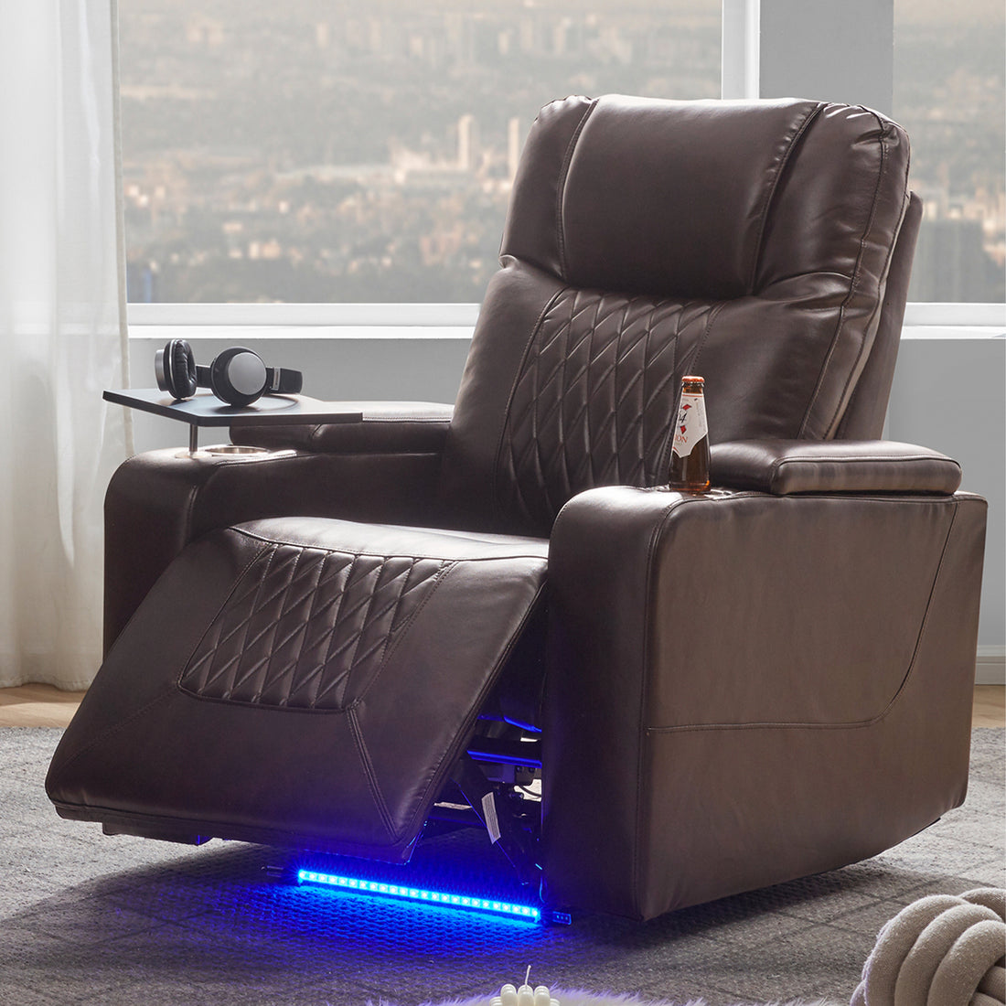 Power Motion Recliner With Usb Charging Port And Hidden Arm Storage 2 Convenient Cup Holders Design And 360 Swivel Tray Table,Brown Old Sku: Sg000630Aad Brown Foam Pu