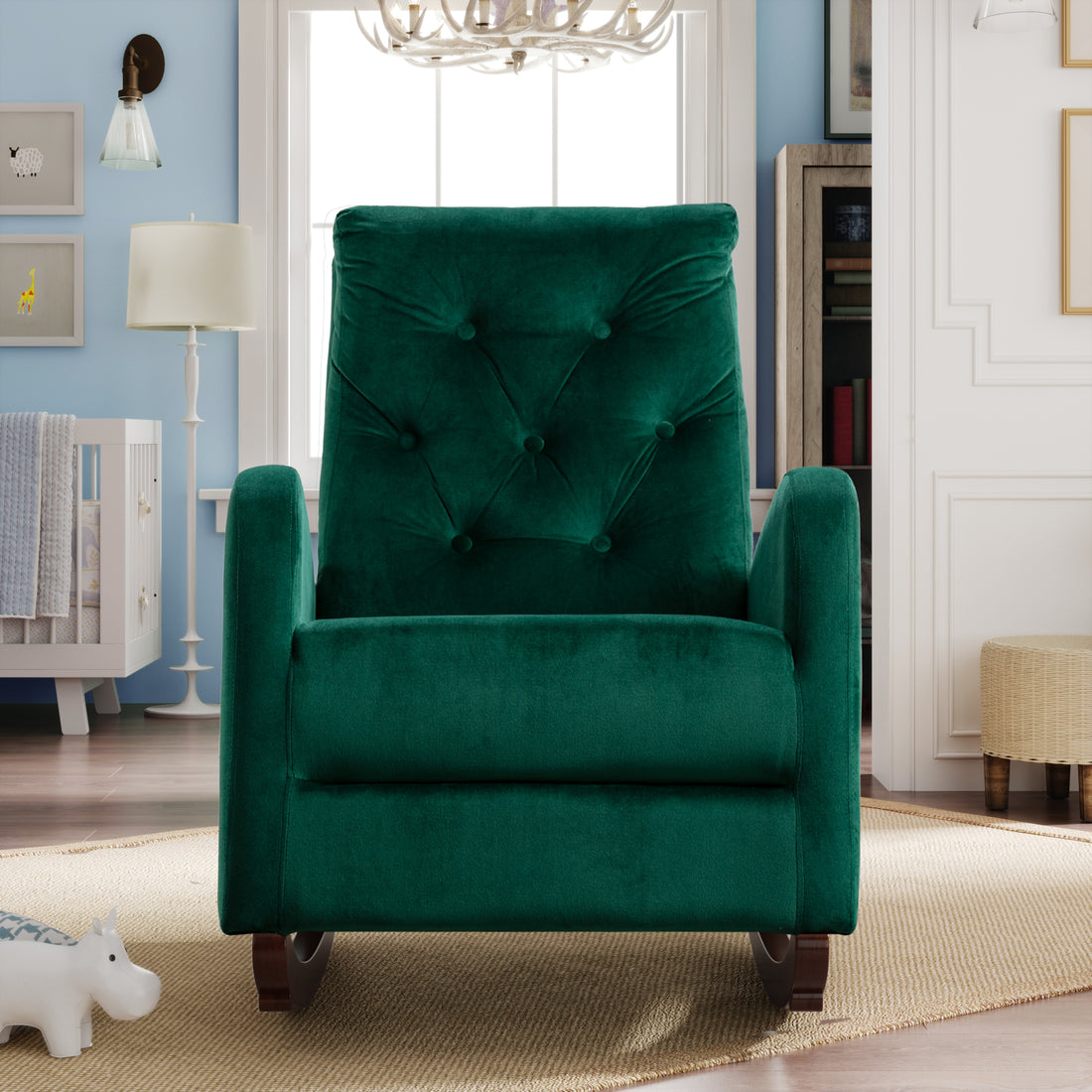 Baby Room High Back Rocking Chair Nursery Chaircomfortable Rocker Fabric Padded Seat ,Modern High Back Armchair Green Velvet