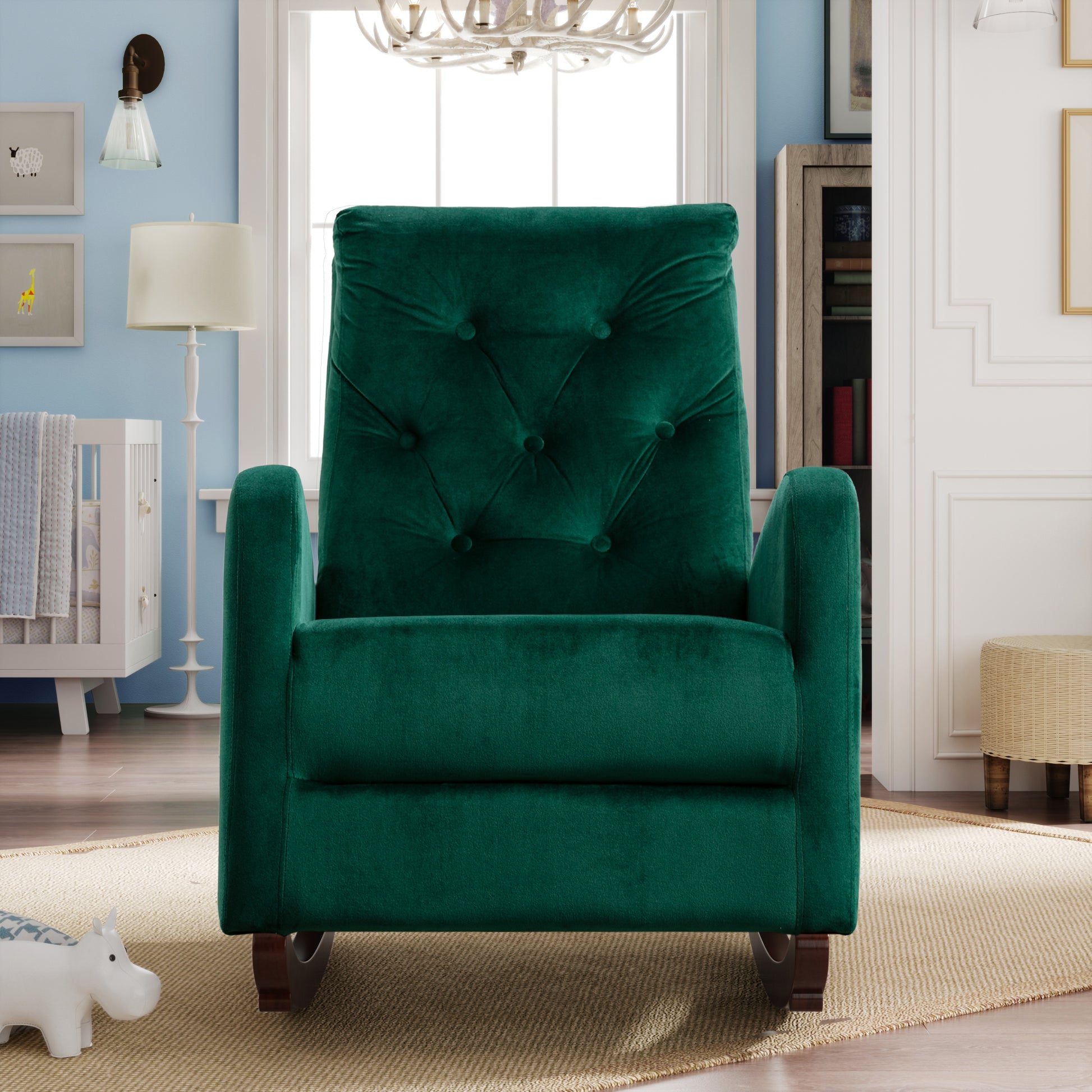 Baby Room High Back Rocking Chair Nursery Chaircomfortable Rocker Fabric Padded Seat ,Modern High Back Armchair Green Velvet