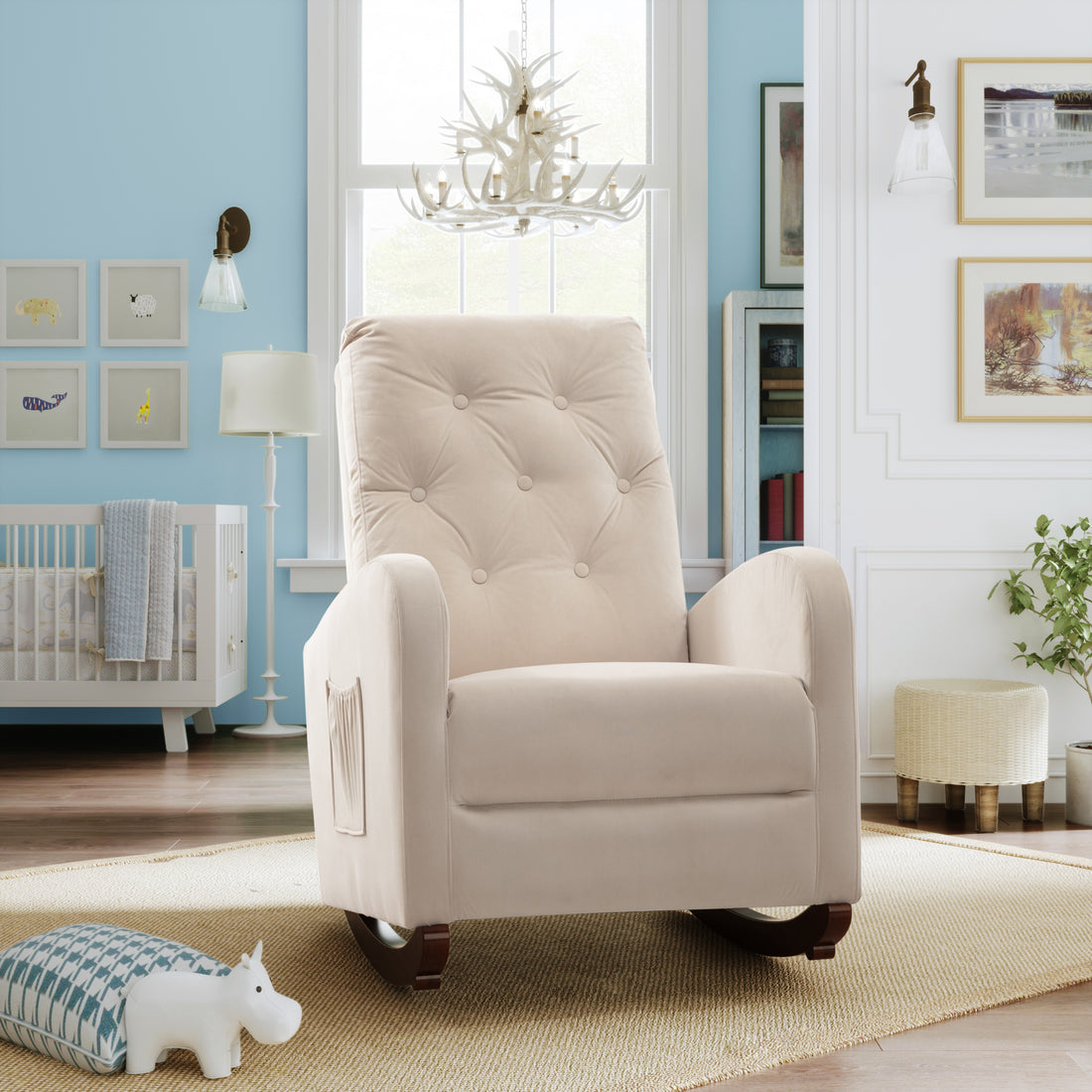 Baby Room High Back Rocking Chair Nursery Chaircomfortable Rocker Fabric Padded Seat ,Modern High Back Armchair Beige Velvet