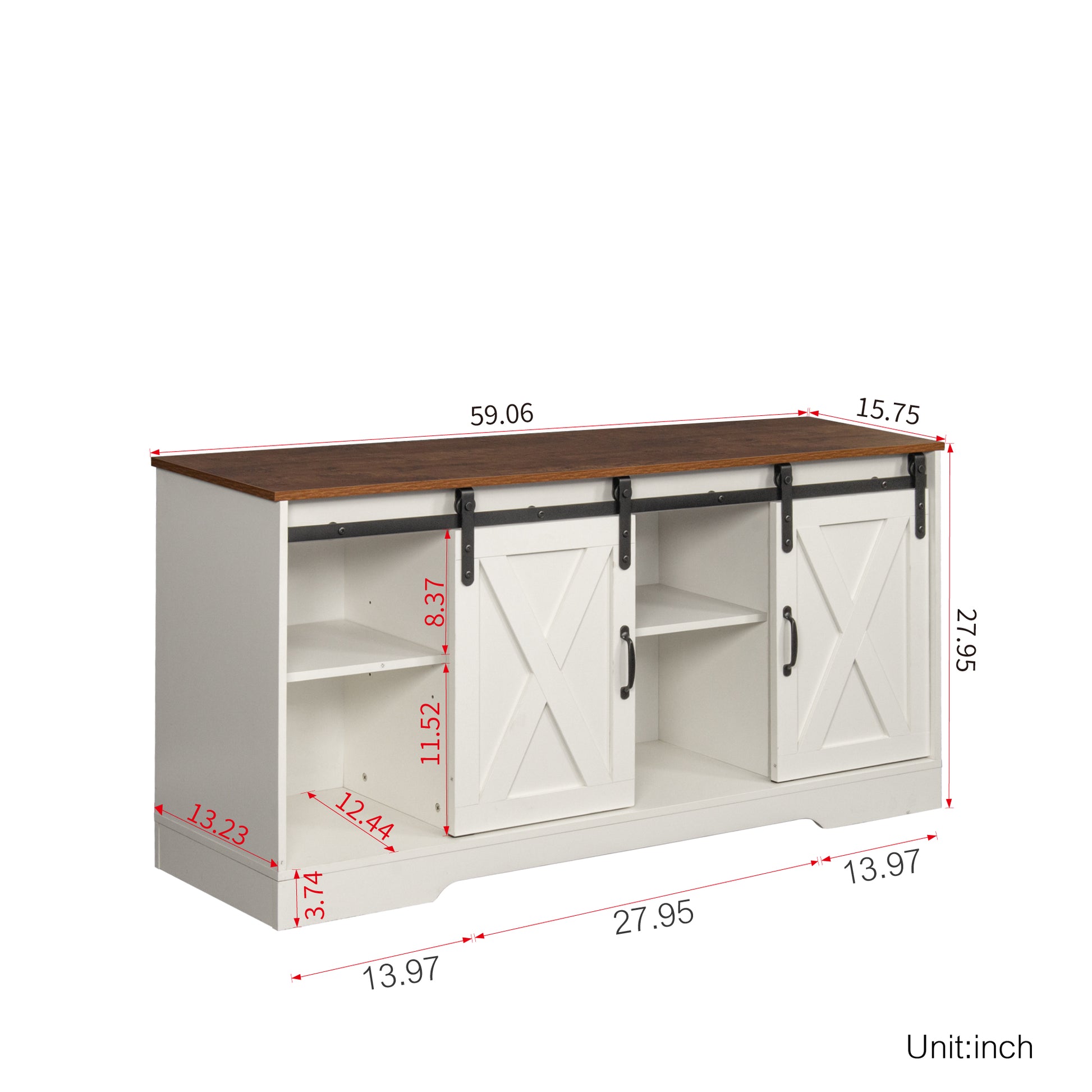 Tv Stand Sliding Barn Door Modern&Farmhouse Wood Entertainment Center, Storage Cabinet Table Living Room With Adjustable Shelves For Tvs Up To 65", Distressed White&Rustic White Mdf