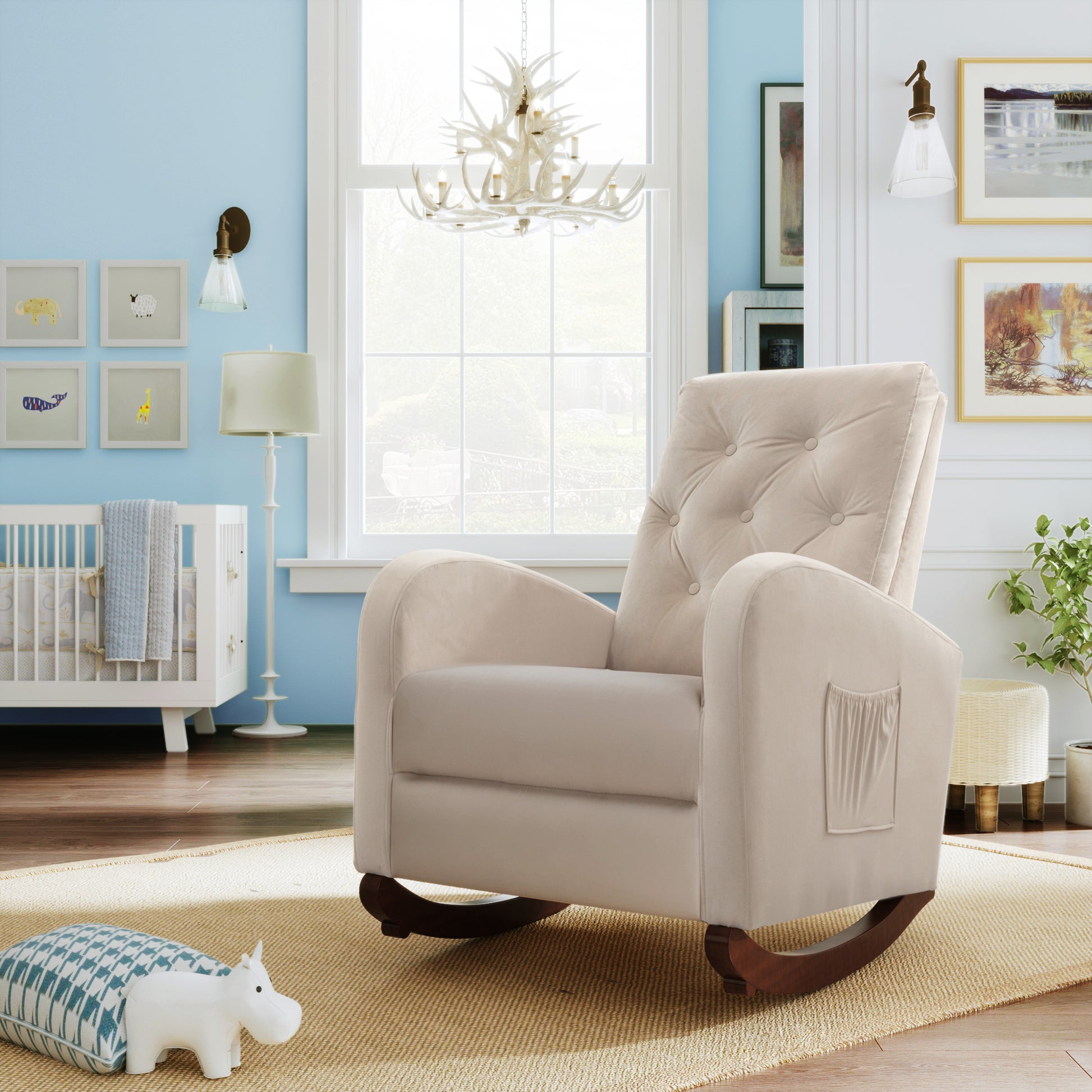 Baby Room High Back Rocking Chair Nursery Chaircomfortable Rocker Fabric Padded Seat ,Modern High Back Armchair Beige Velvet