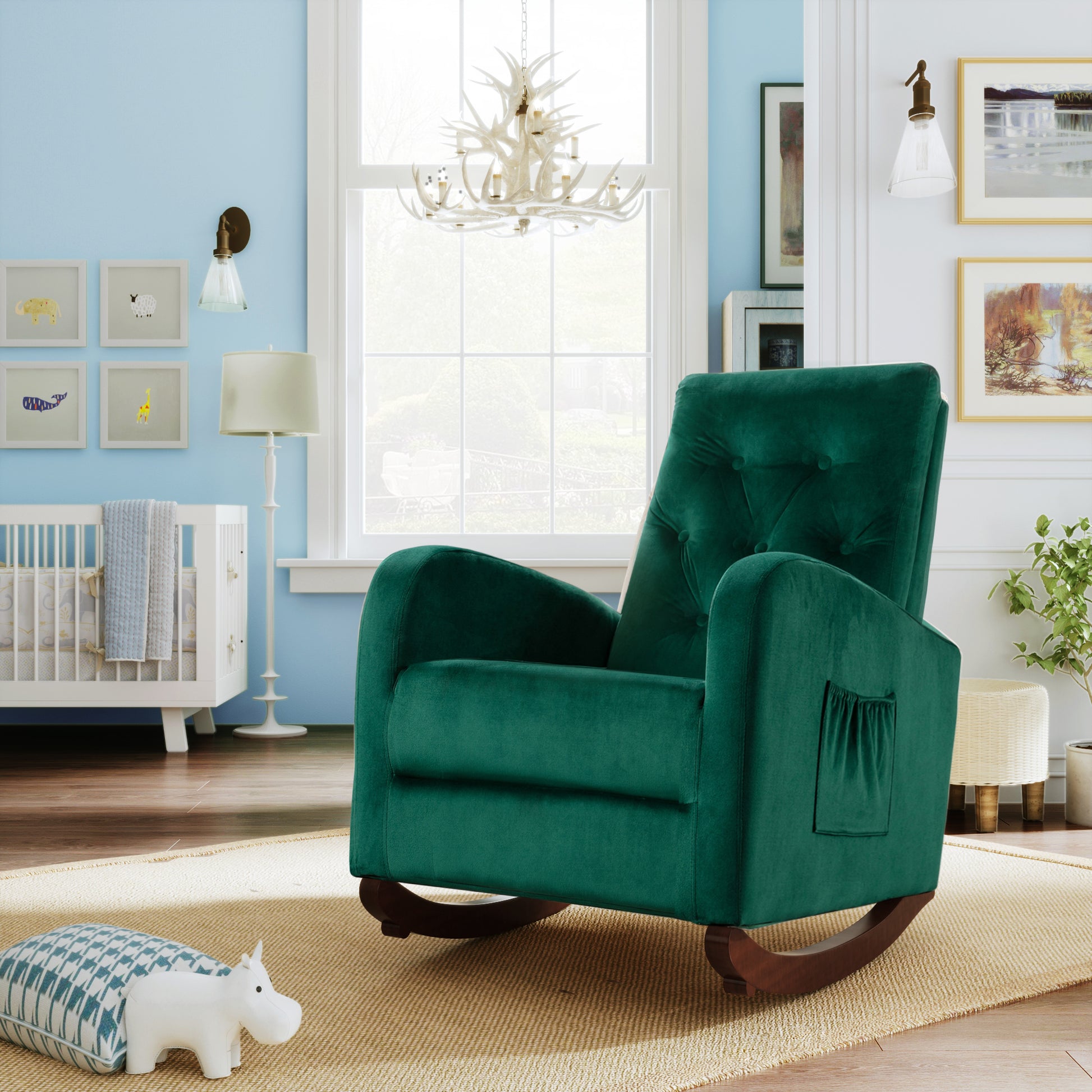 Baby Room High Back Rocking Chair Nursery Chaircomfortable Rocker Fabric Padded Seat ,Modern High Back Armchair Green Velvet