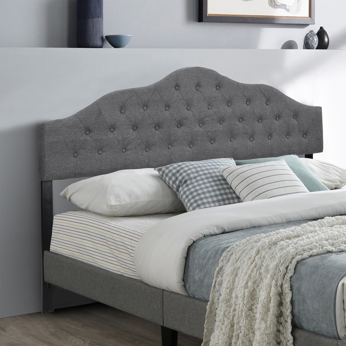 Upholstered Headboard, Adjustable Headboards For King Size Bed, Modernfabric With Buttons, Adjustable Height From 55.9" To 63.78", Grey Linen Gray Fabric