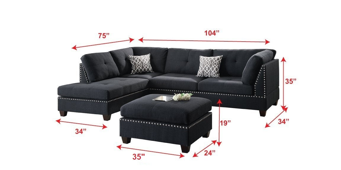 3 Pcs Sectional Sofa Black Polyfiber Cushion Sofa Chaise Ottoman Reversible Couch Pillows Black Wood Primary Living Space Tufted Back Contemporary,Modern L Shaped Rubberwood Particle Board 4 Seat