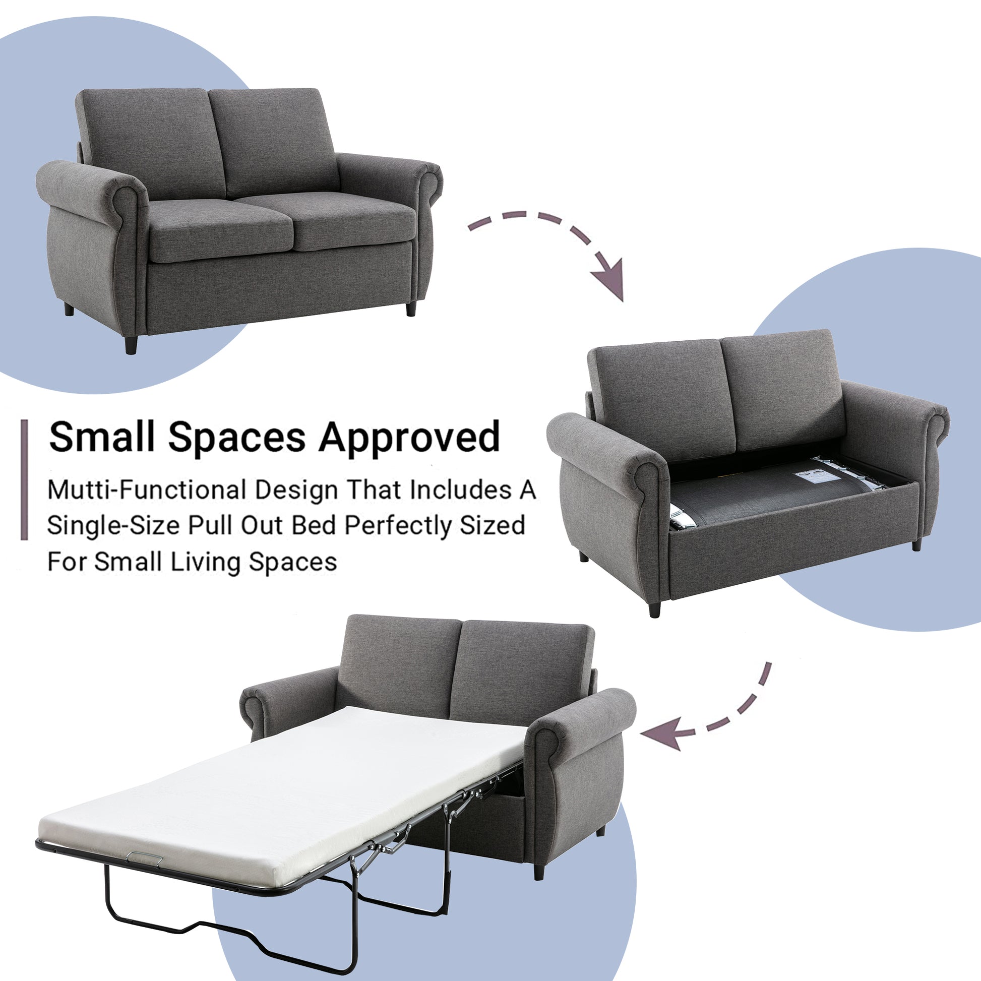 57.5" Orisfur Pull Out Sofa Bed Loveseat Sleeper With Twin Size Memory Mattress For Living Room Spaces, Gray Gray Foam Linen