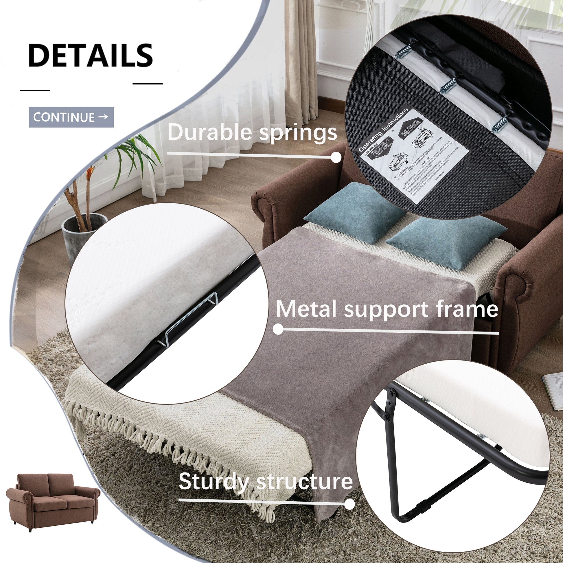 57.5" Orisfur Pull Out Sofa Bed Loveseat Sleeper With Twin Size Memory Mattress For Living Room Spaces, Brown Brown Foam Linen