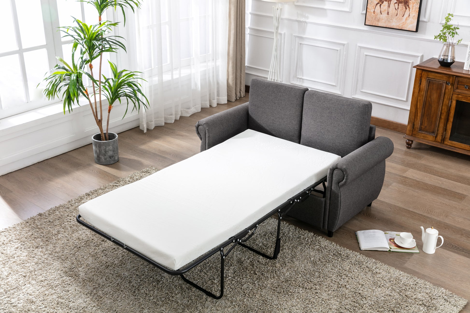 57.5" Orisfur Pull Out Sofa Bed Loveseat Sleeper With Twin Size Memory Mattress For Living Room Spaces, Gray Gray Foam Linen