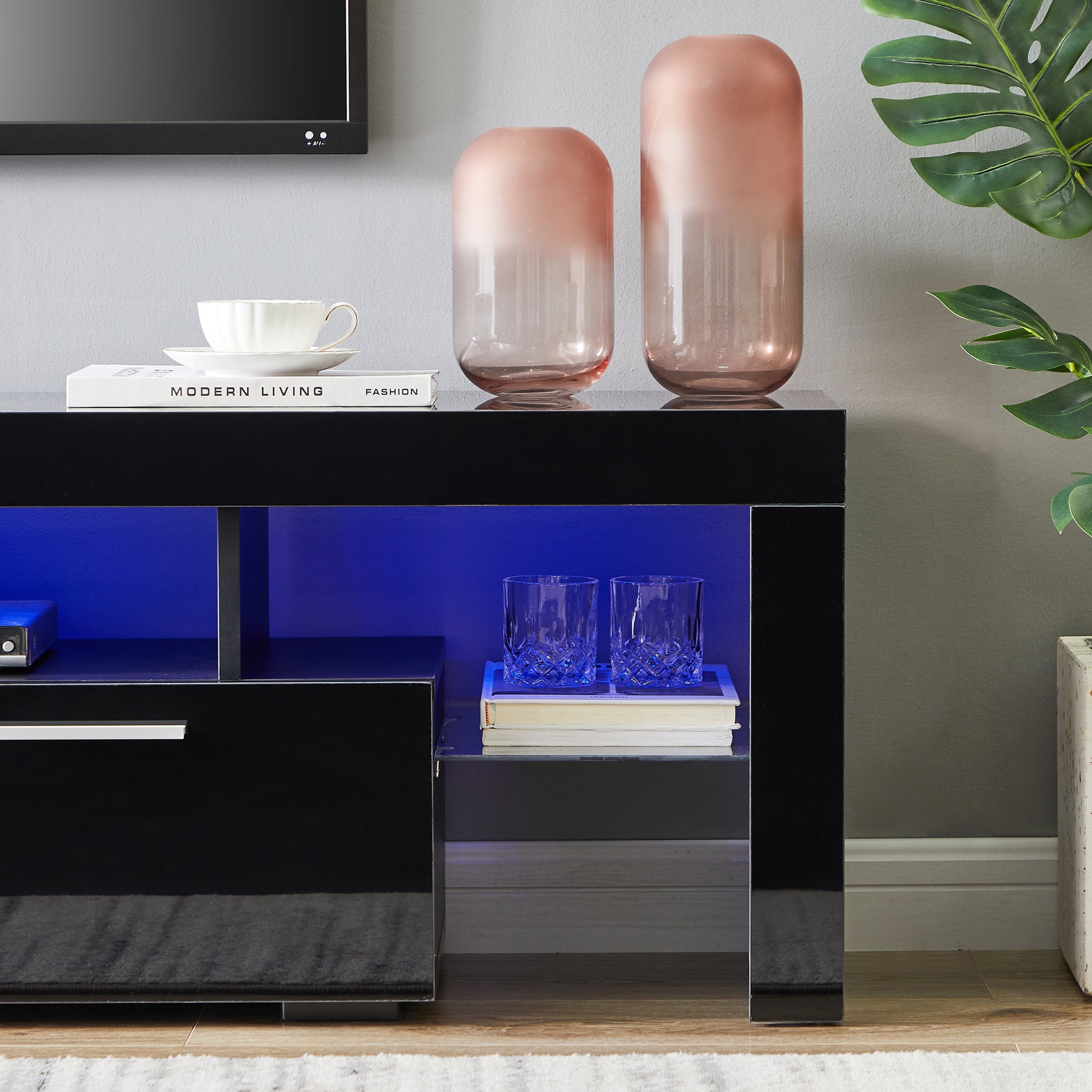 Fashiontvstandtvcabinet,Entertainmentcenter,Tvstationtv Console,Media Console,With Ledlight Belt,Light Belt Remote Control,Toughenedglassshelf,Metal Handle,Canbeplaced In The Living Room,Bedroom,Black Black Primary Living Space 60 69 Inches 60 69 Inches