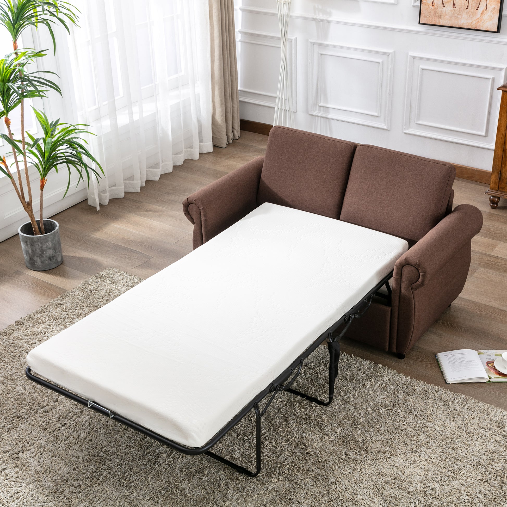 57.5" Orisfur Pull Out Sofa Bed Loveseat Sleeper With Twin Size Memory Mattress For Living Room Spaces, Brown Brown Foam Linen
