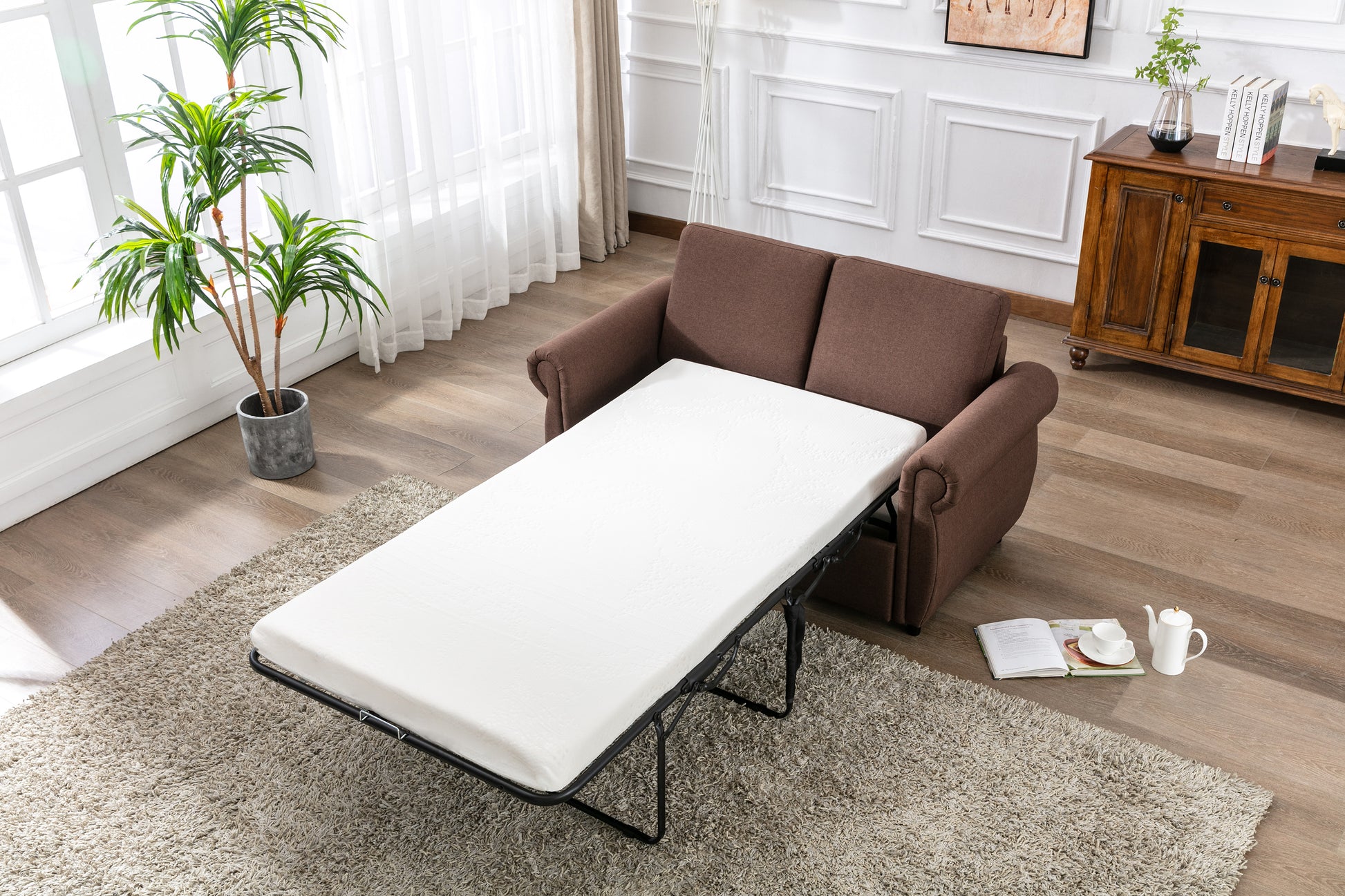 57.5" Orisfur Pull Out Sofa Bed Loveseat Sleeper With Twin Size Memory Mattress For Living Room Spaces, Brown Brown Foam Linen
