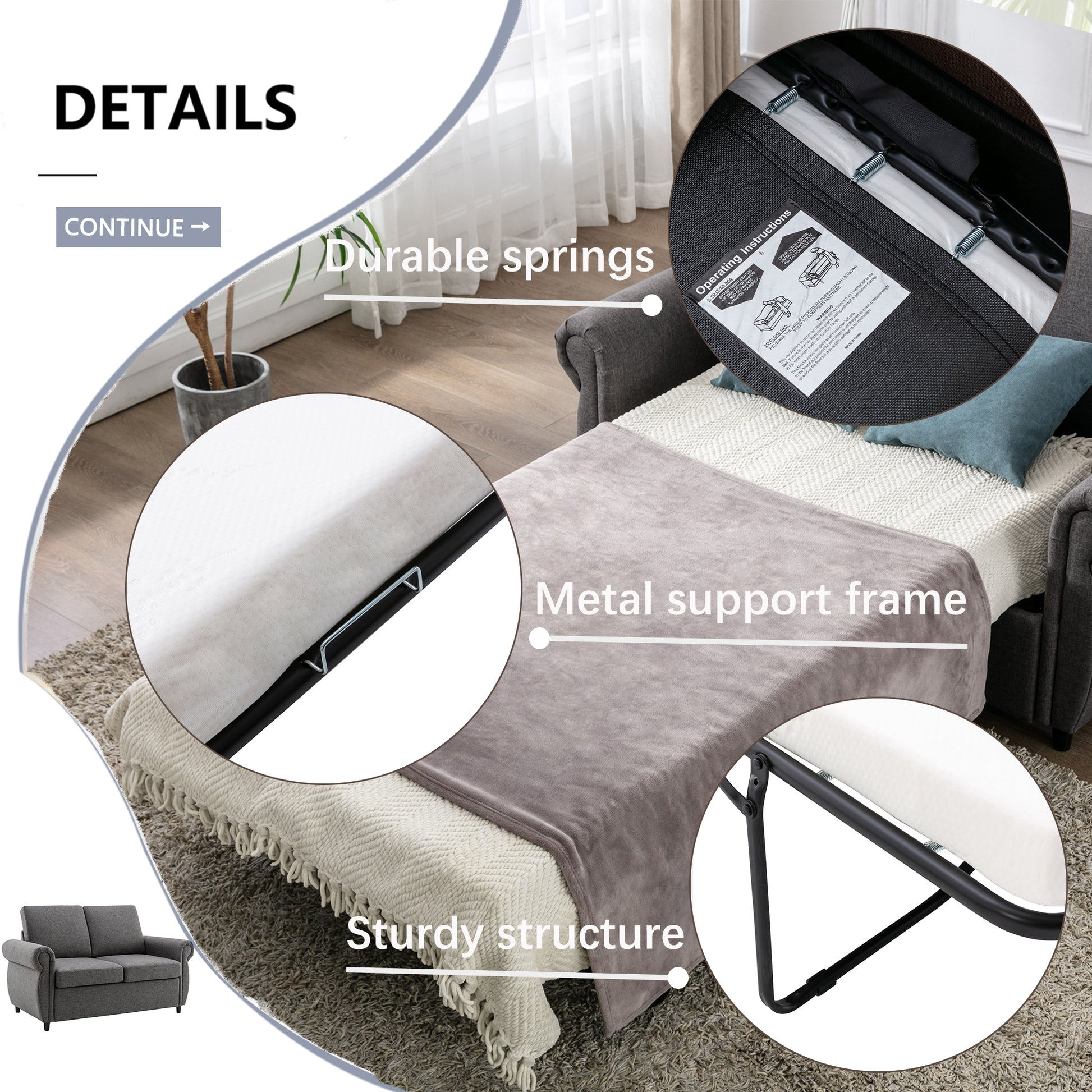 57.5" Orisfur Pull Out Sofa Bed Loveseat Sleeper With Twin Size Memory Mattress For Living Room Spaces, Gray Gray Foam Linen