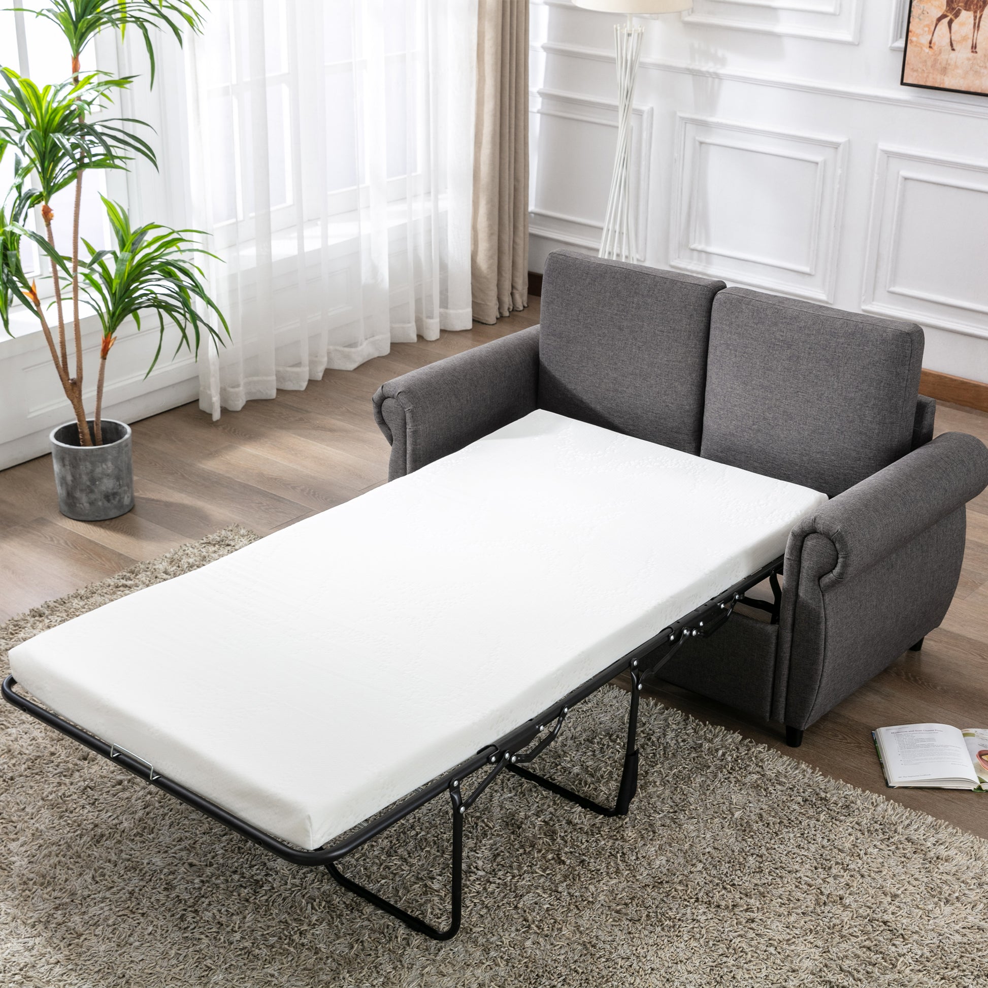 57.5" Orisfur Pull Out Sofa Bed Loveseat Sleeper With Twin Size Memory Mattress For Living Room Spaces, Gray Gray Foam Linen