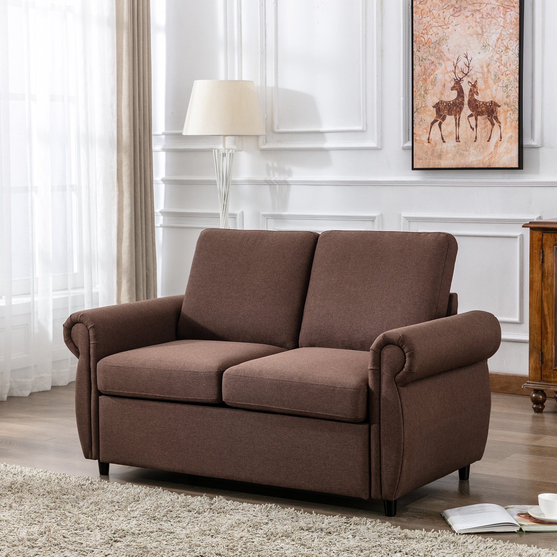 57.5" Orisfur Pull Out Sofa Bed Loveseat Sleeper With Twin Size Memory Mattress For Living Room Spaces, Brown Brown Foam Linen