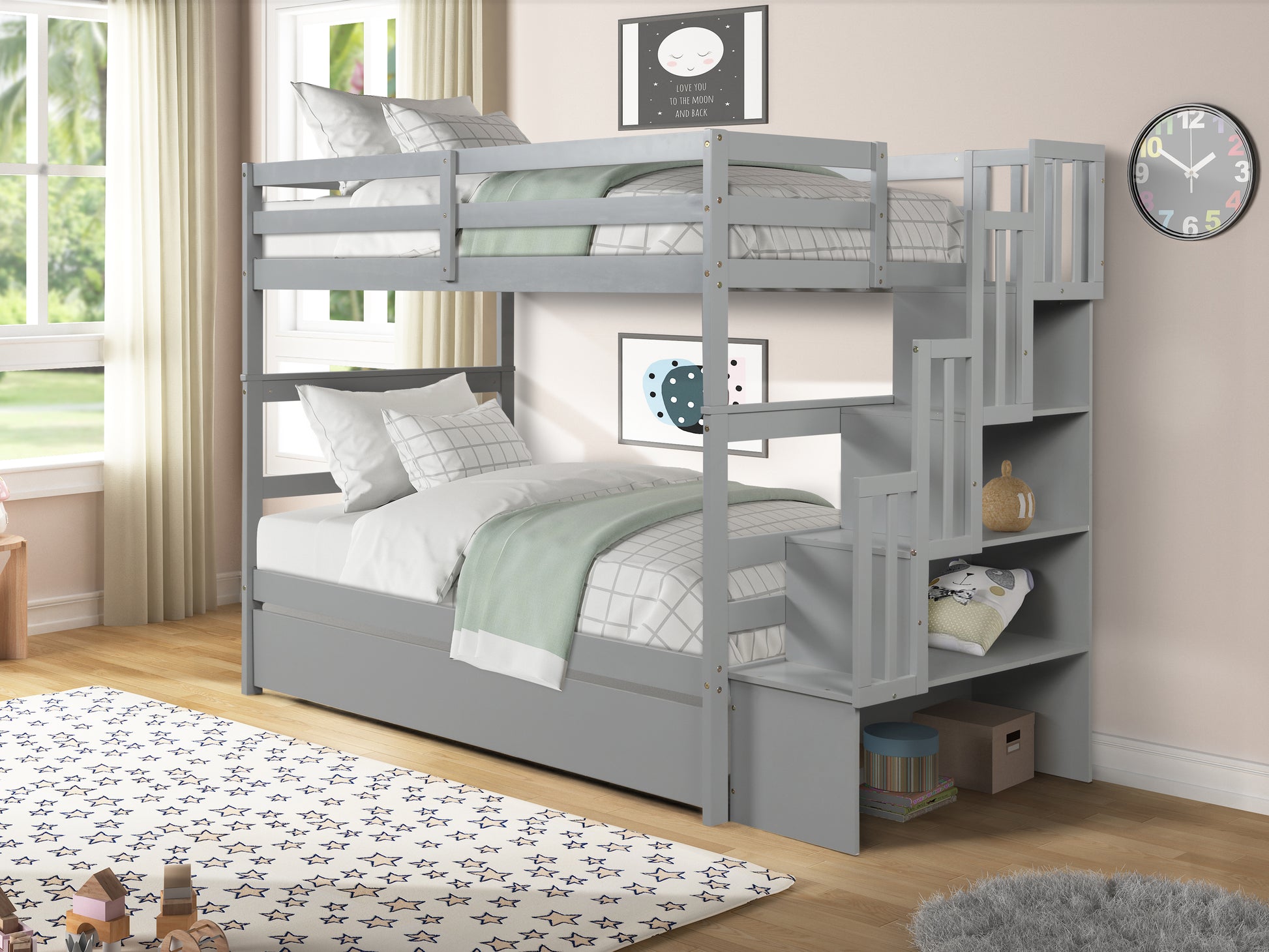 Twin Over Twin Bunk Beds With Twin Trundle And Stairway Storage Function In Grey Color Gray Pine