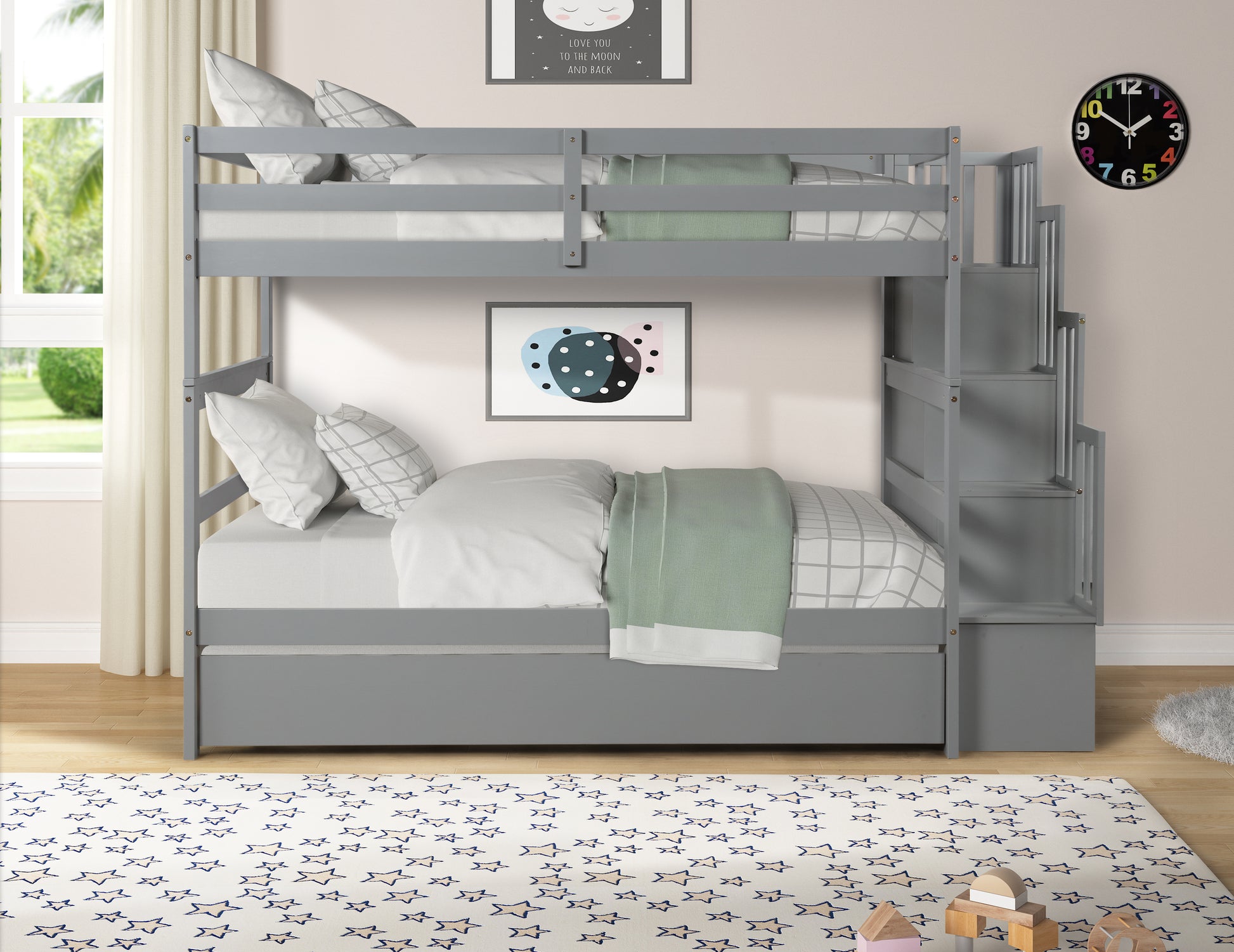 Twin Over Twin Bunk Beds With Twin Trundle And Stairway Storage Function In Grey Color Gray Pine