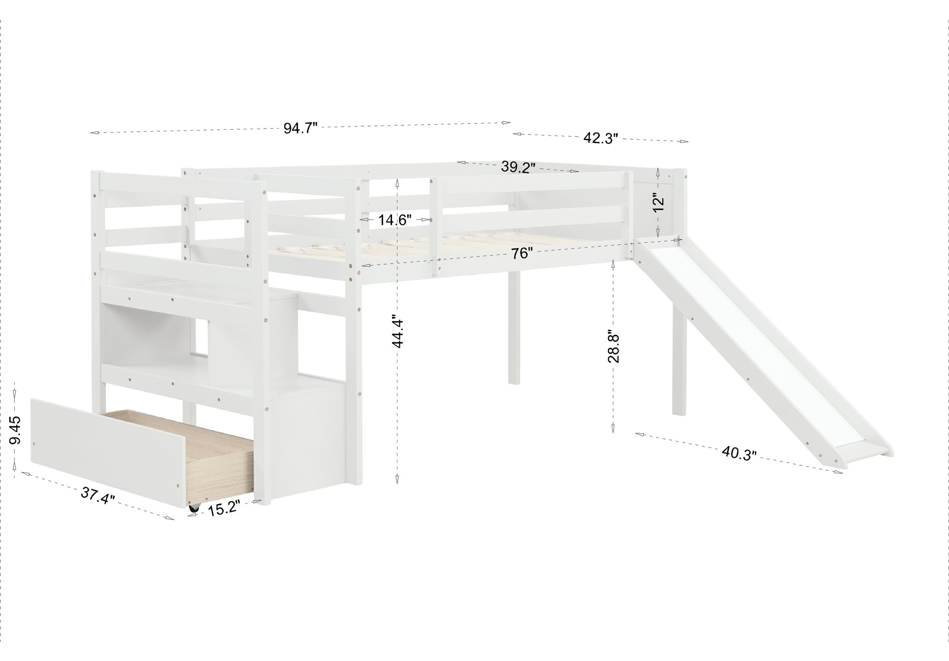 Twin Low Loft Bed With Stairs And Slide White Solid Wood