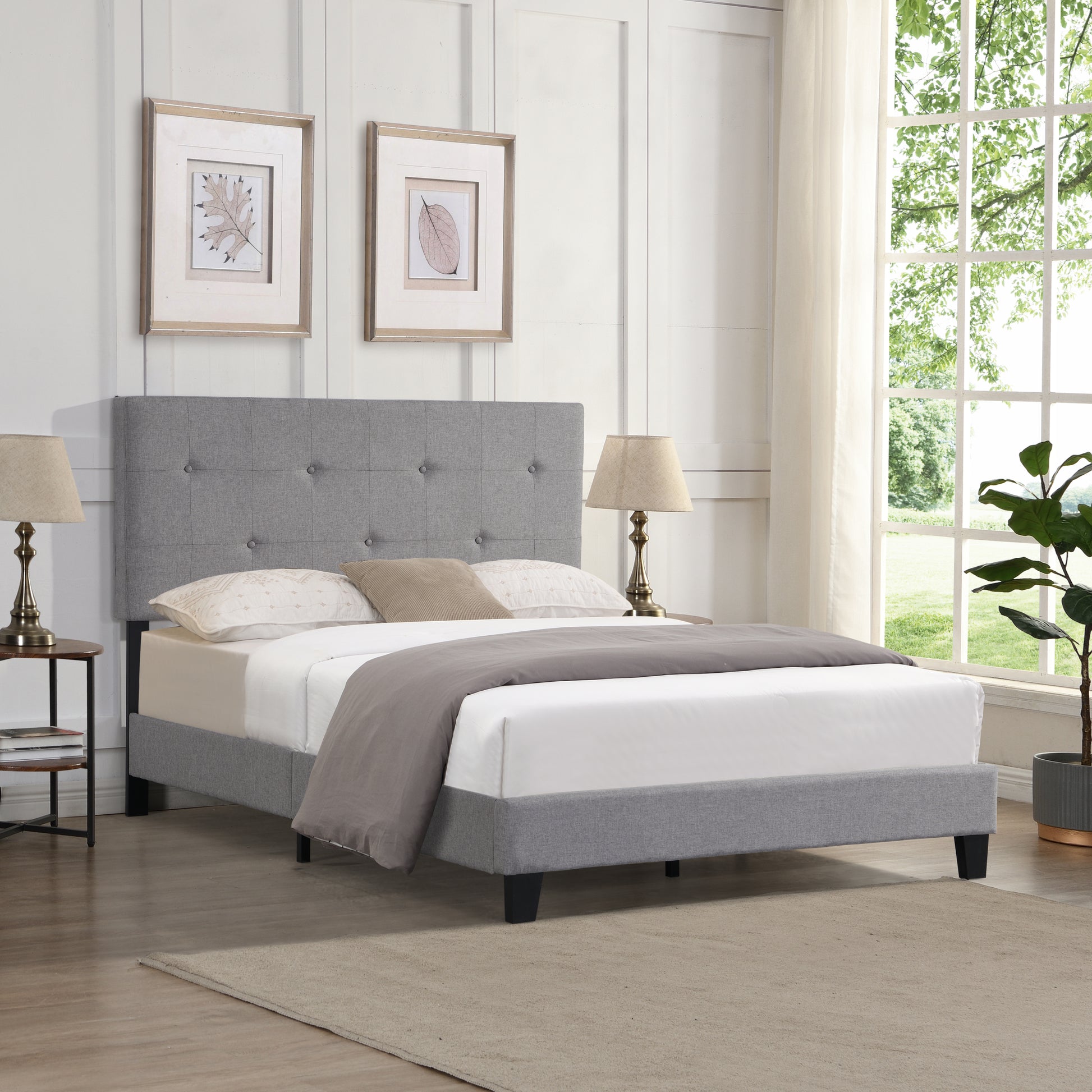 Full Size Upholstered Platform Bed Frame With Modern Button Tufted Linen Fabric Headboard, No Box Spring Needed, Wood Slat Support, Easy Assembly, Grey Gray Linen