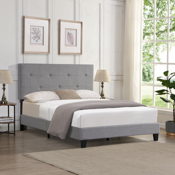 Full Size Upholstered Platform Bed Frame With Modern Button Tufted Linen Fabric Headboard, No Box Spring Needed, Wood Slat Support, Easy Assembly, Grey Gray Linen