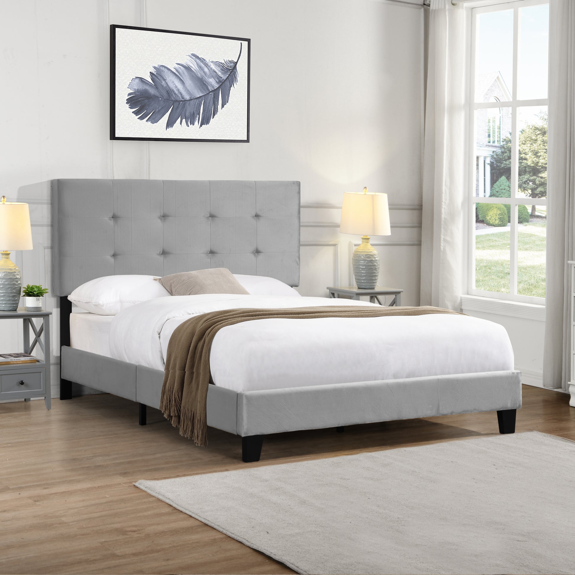 Full Size Upholstered Platform Bed Frame With Pull Point Tufted Headboard, Strong Wood Slat Support, Mattress Foundation, No Box Spring Needed, Easy Assembly, Gray Gray Velvet
