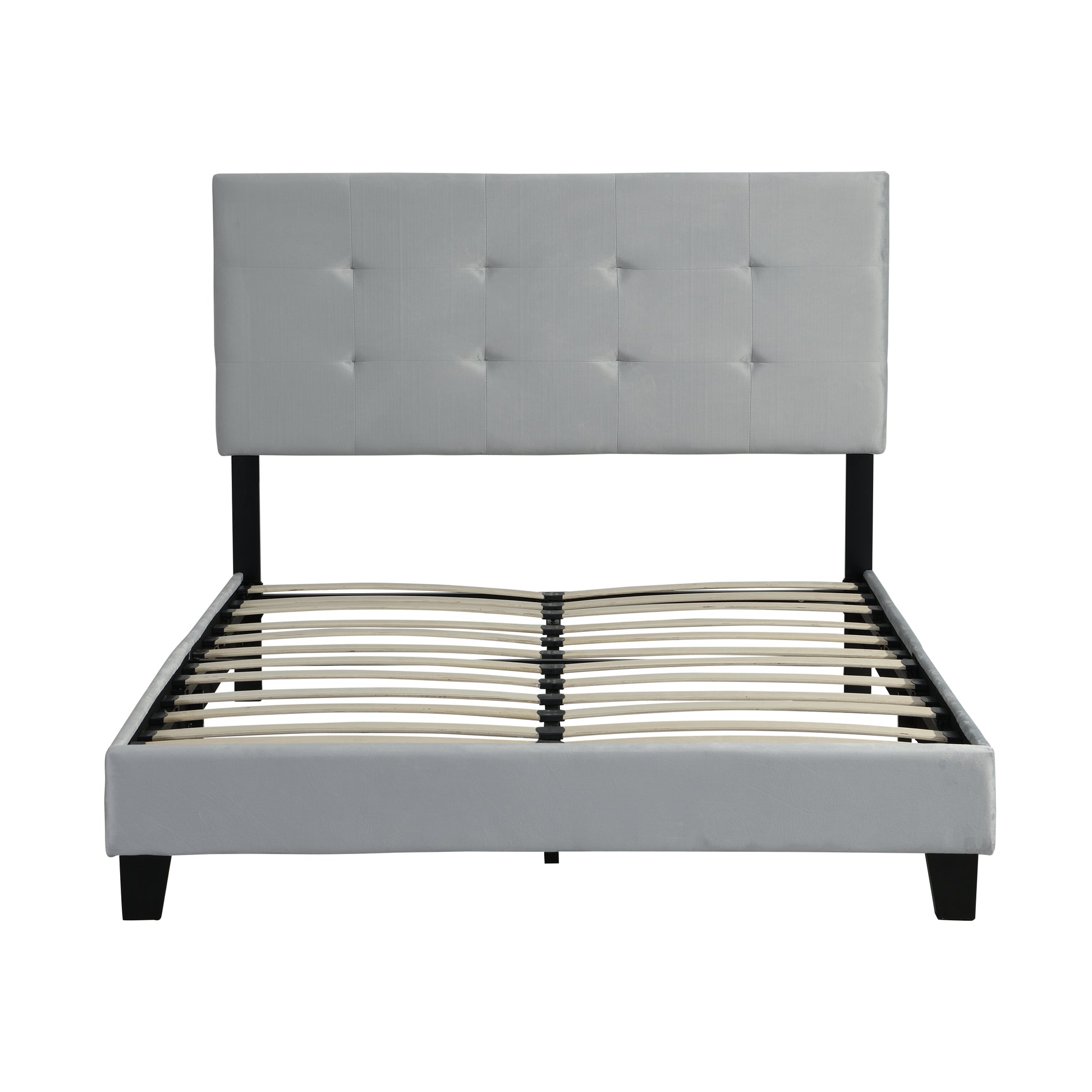 Full Size Upholstered Platform Bed Frame With Pull Point Tufted Headboard, Strong Wood Slat Support, Mattress Foundation, No Box Spring Needed, Easy Assembly, Gray Gray Velvet