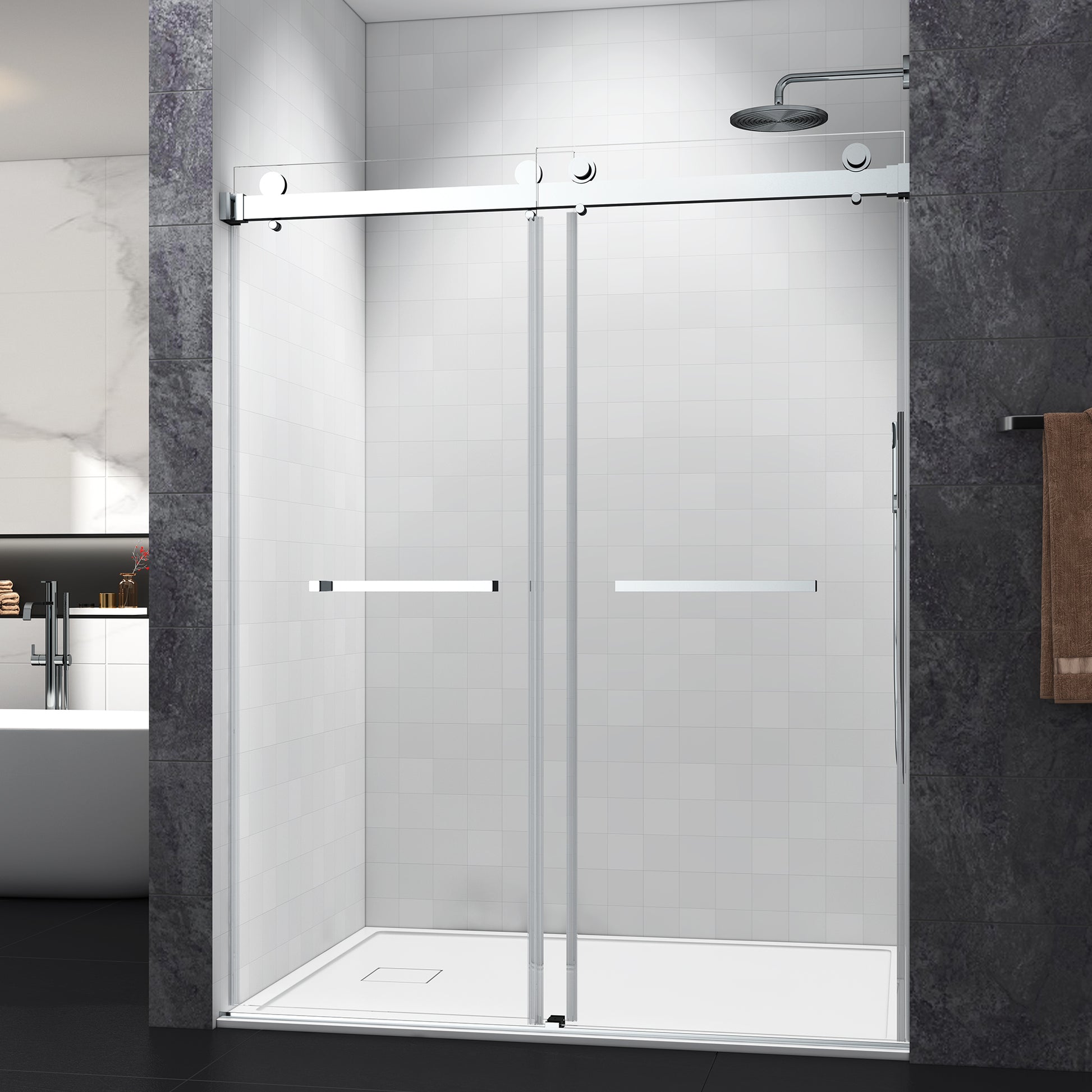 60*76" Double Sliding Frameless Shower Door Brushed Nickel Without Buffer Brushed Nickel Glass