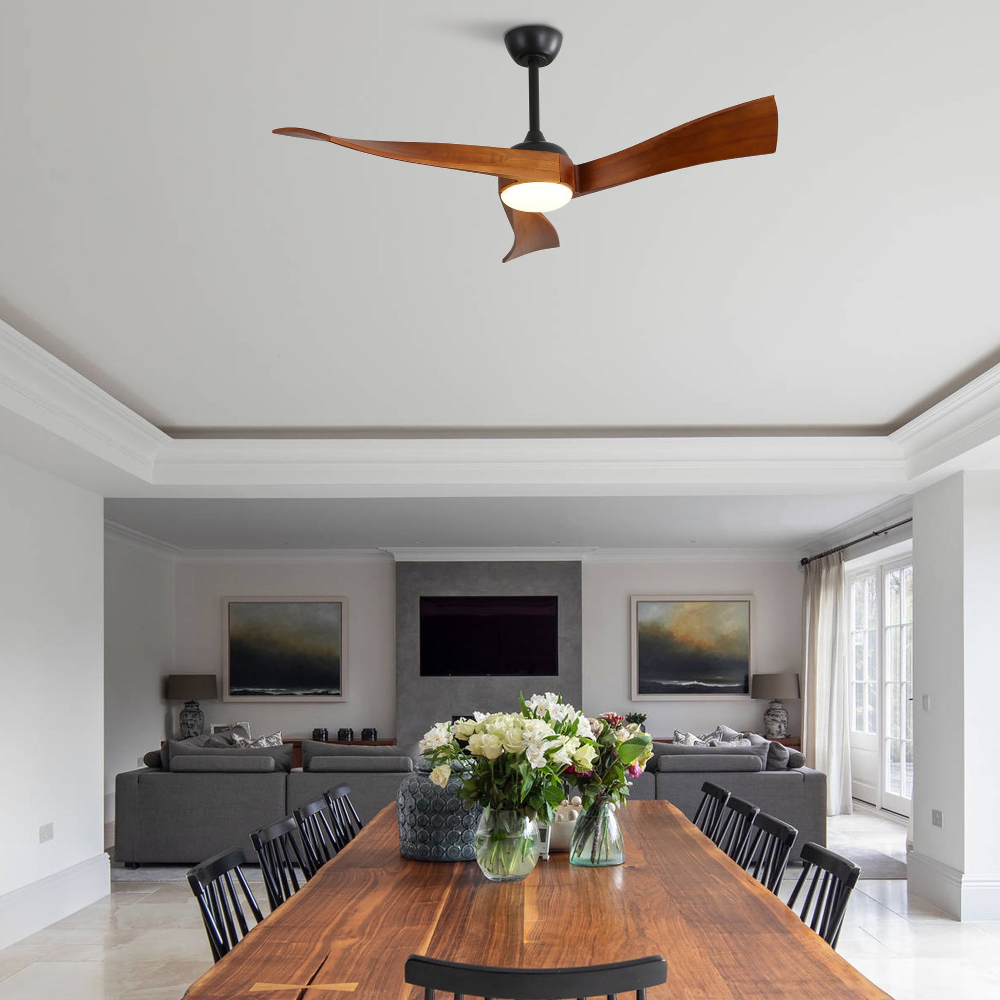 52 Inch Ceiling Fan Light With 6 Speed Remote Energy Saving Dc Motor Black Metal & Wood