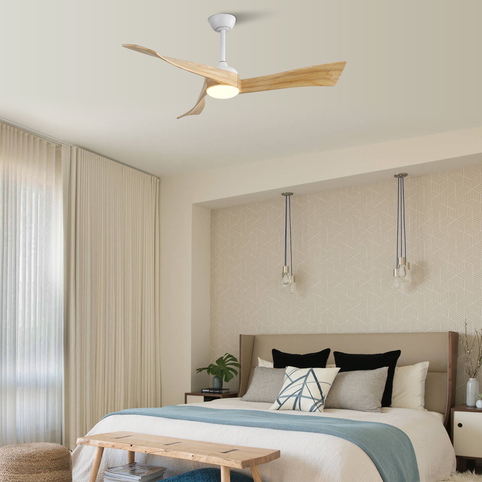 52 Inch Minimalist Ceiling Fan Light With 6 Speed Remote Energy Saving Dc Motor Matte White Metal & Wood