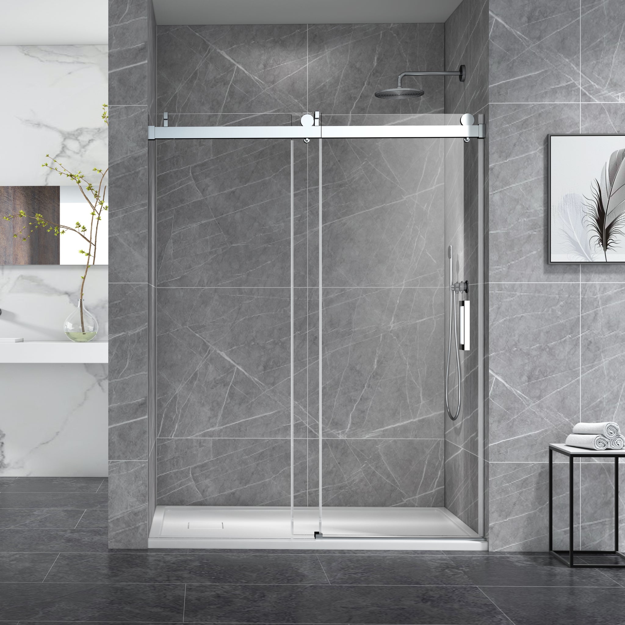 60*76" Single Sliding Frameless Shower Door Brushed Nickel With Buffer Brushed Nickel Glass