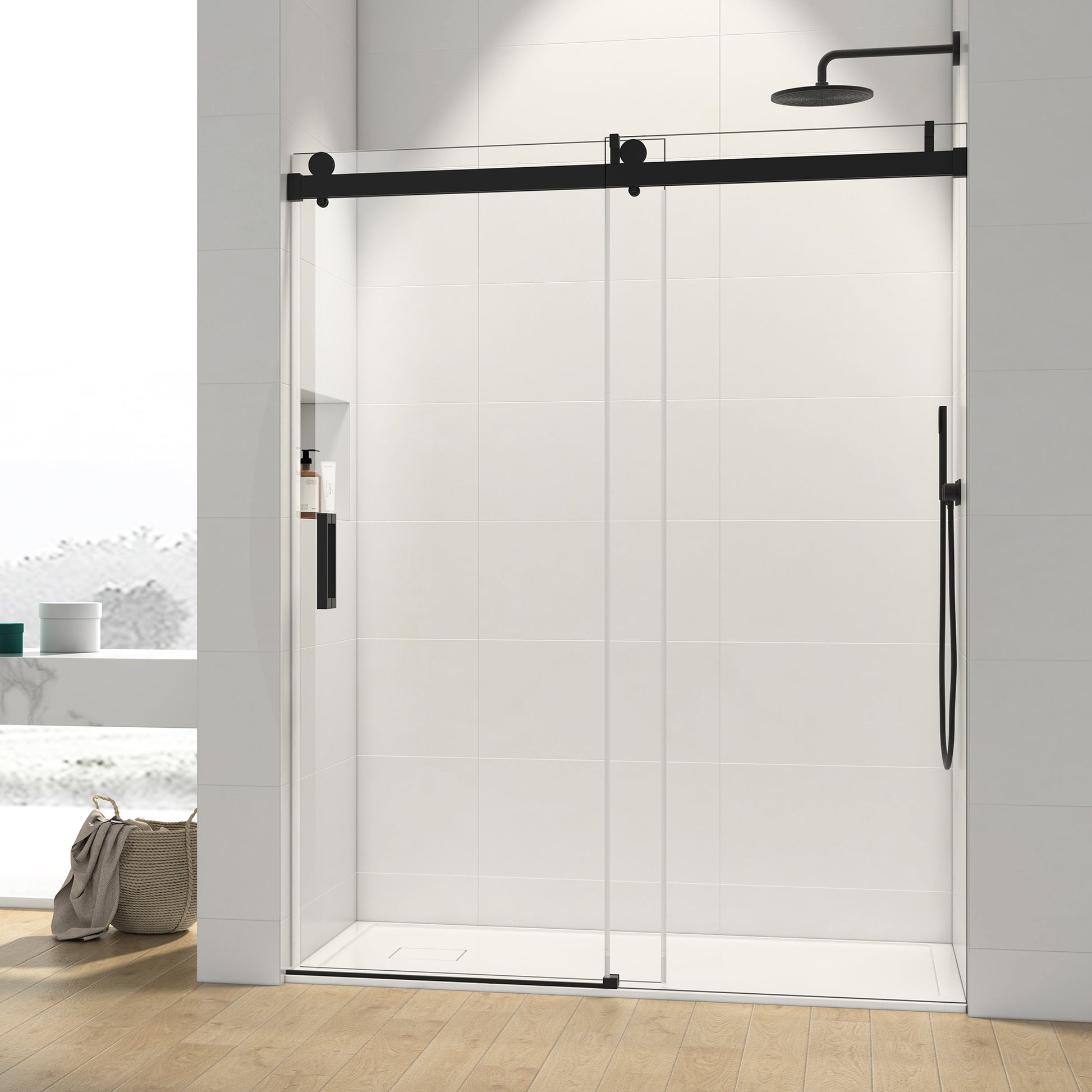 72*76" Single Sliding Frameless Shower Door Matte Black With Buffer Matte Black Glass