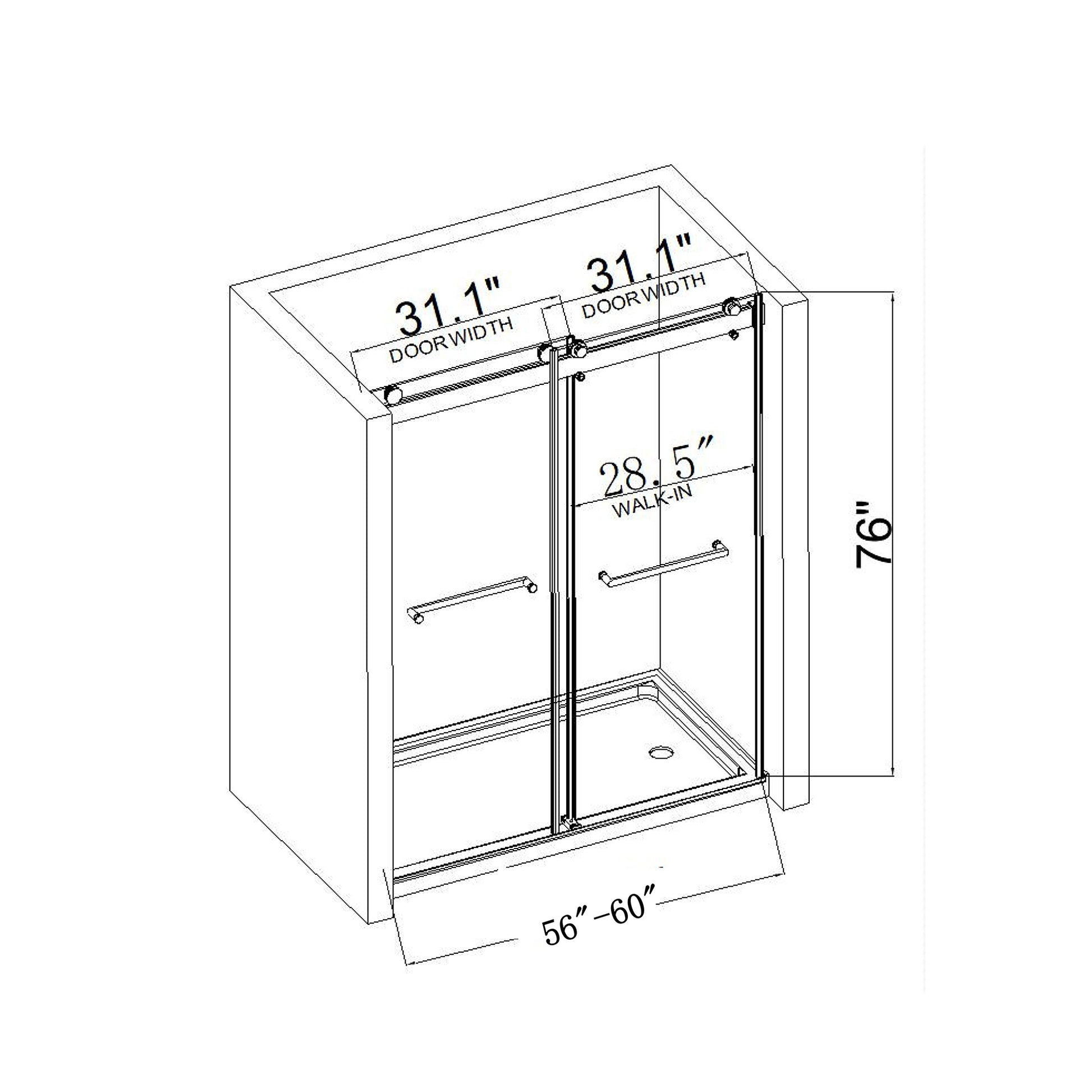 60*76" Double Sliding Frameless Shower Door Matte Black With Buffer Matte Black Glass