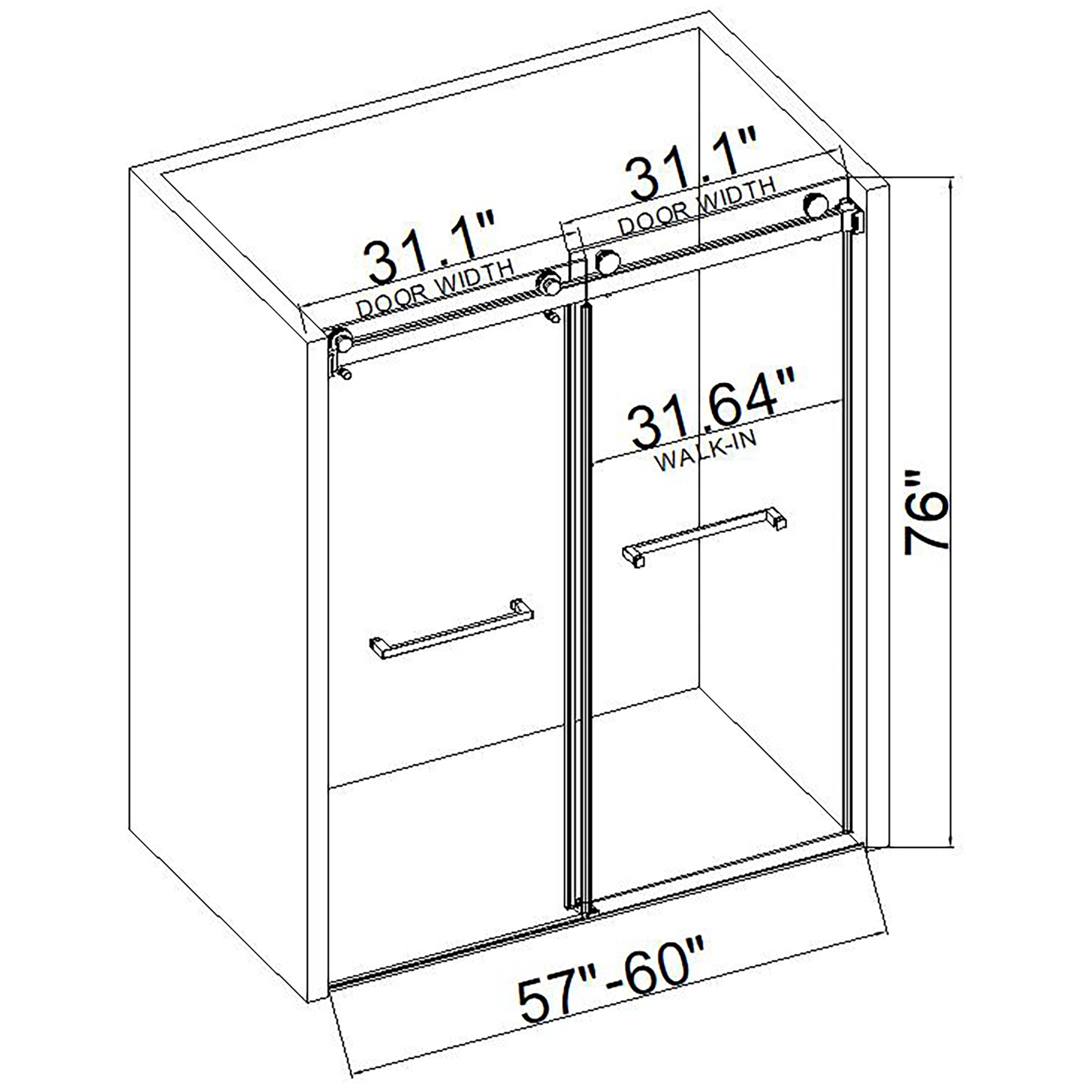 60*76" Double Sliding Frameless Shower Door Brushed Nickel Without Buffer Brushed Nickel Glass