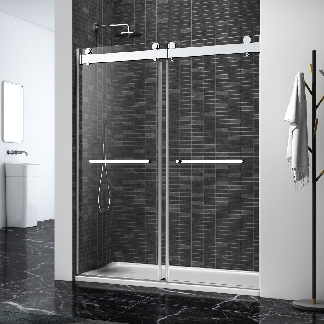 60*76" Double Sliding Frameless Shower Door Brushed Nickel With Buffer Brushed Nickel Glass