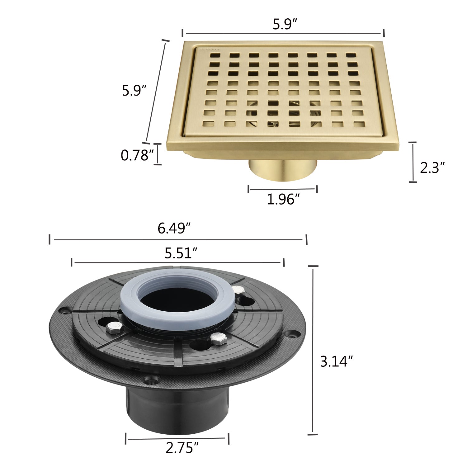 6 Inch Square Shower Floor Drain Gold Stainless Steel