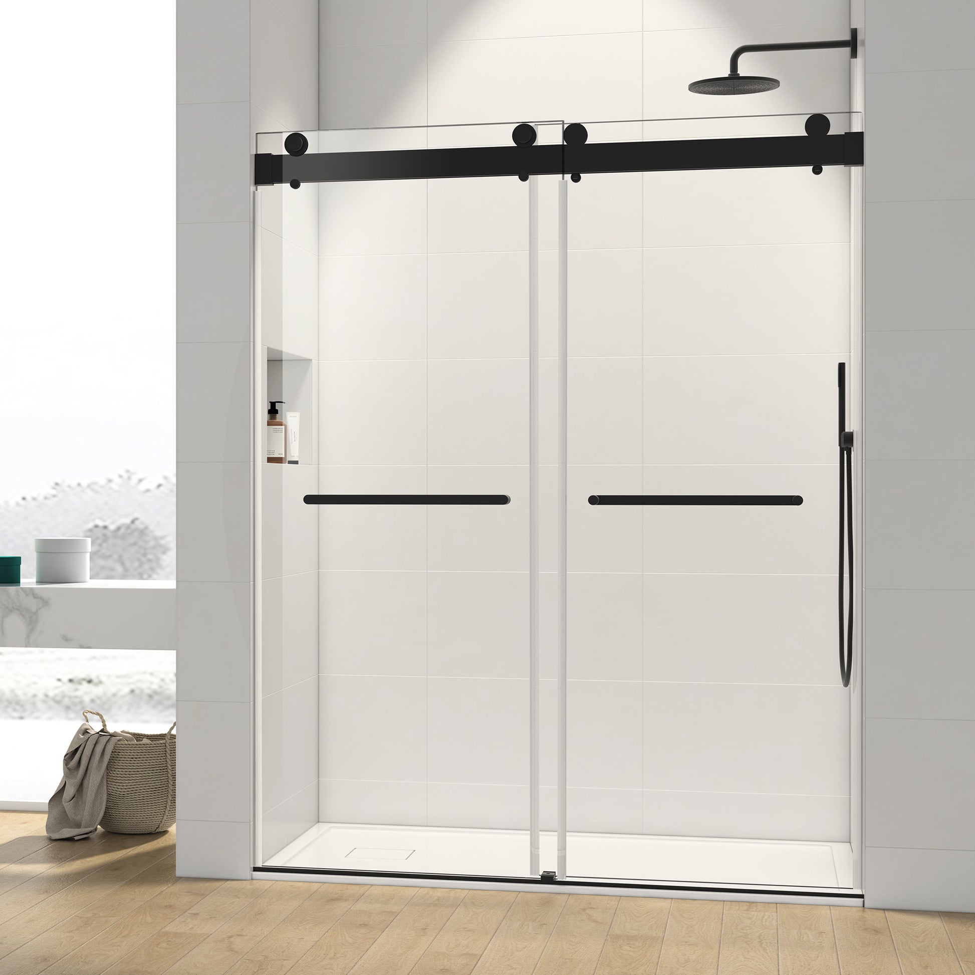 60*76" Double Sliding Frameless Shower Door Matte Black With Buffer Matte Black Glass