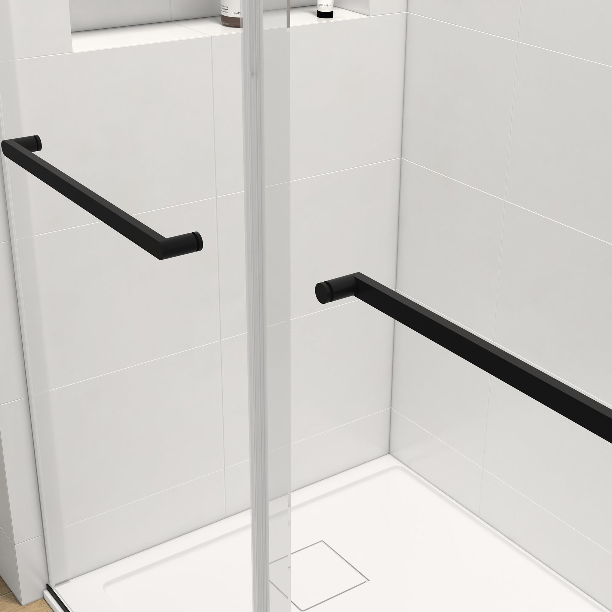 60*76" Double Sliding Frameless Shower Door Matte Black With Buffer Matte Black Glass