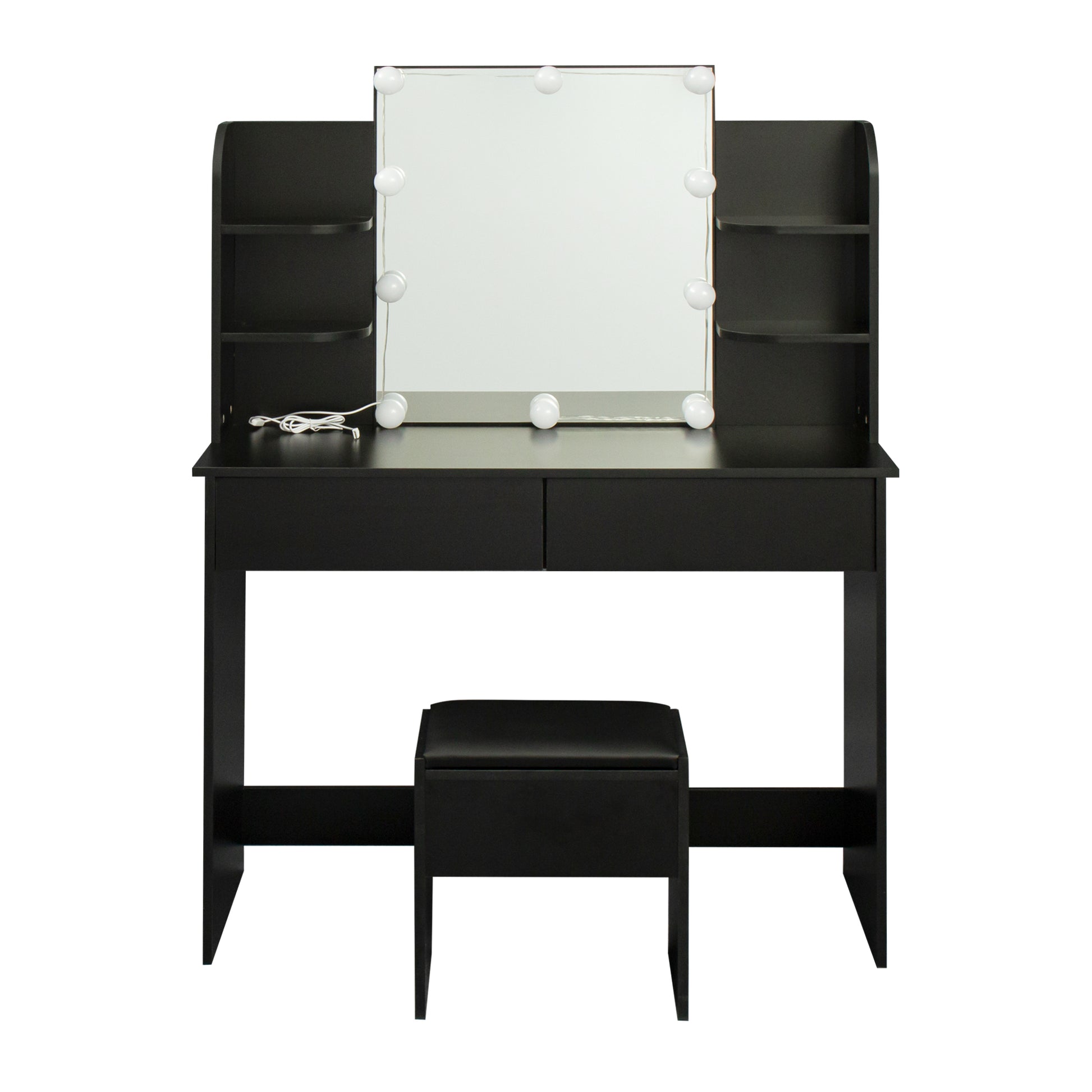 Modern Dressing Table With 2 Drawers, 4 Open Shelves Rectangular Makeup Table With Mirror, 10 Lamp Bulb,42.52*15.75* 52.76Inch,For Bedroom, Black Black Particle Board Mdf