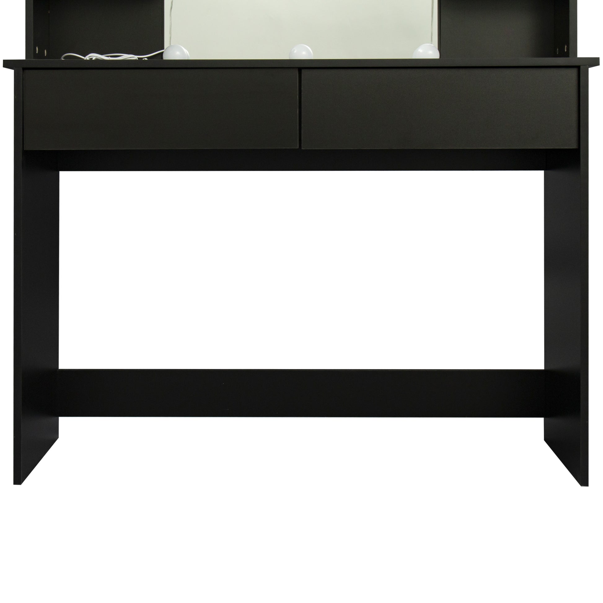 Modern Dressing Table With 2 Drawers, 4 Open Shelves Rectangular Makeup Table With Mirror, 10 Lamp Bulb,42.52*15.75* 52.76Inch,For Bedroom, Black Black Particle Board Mdf