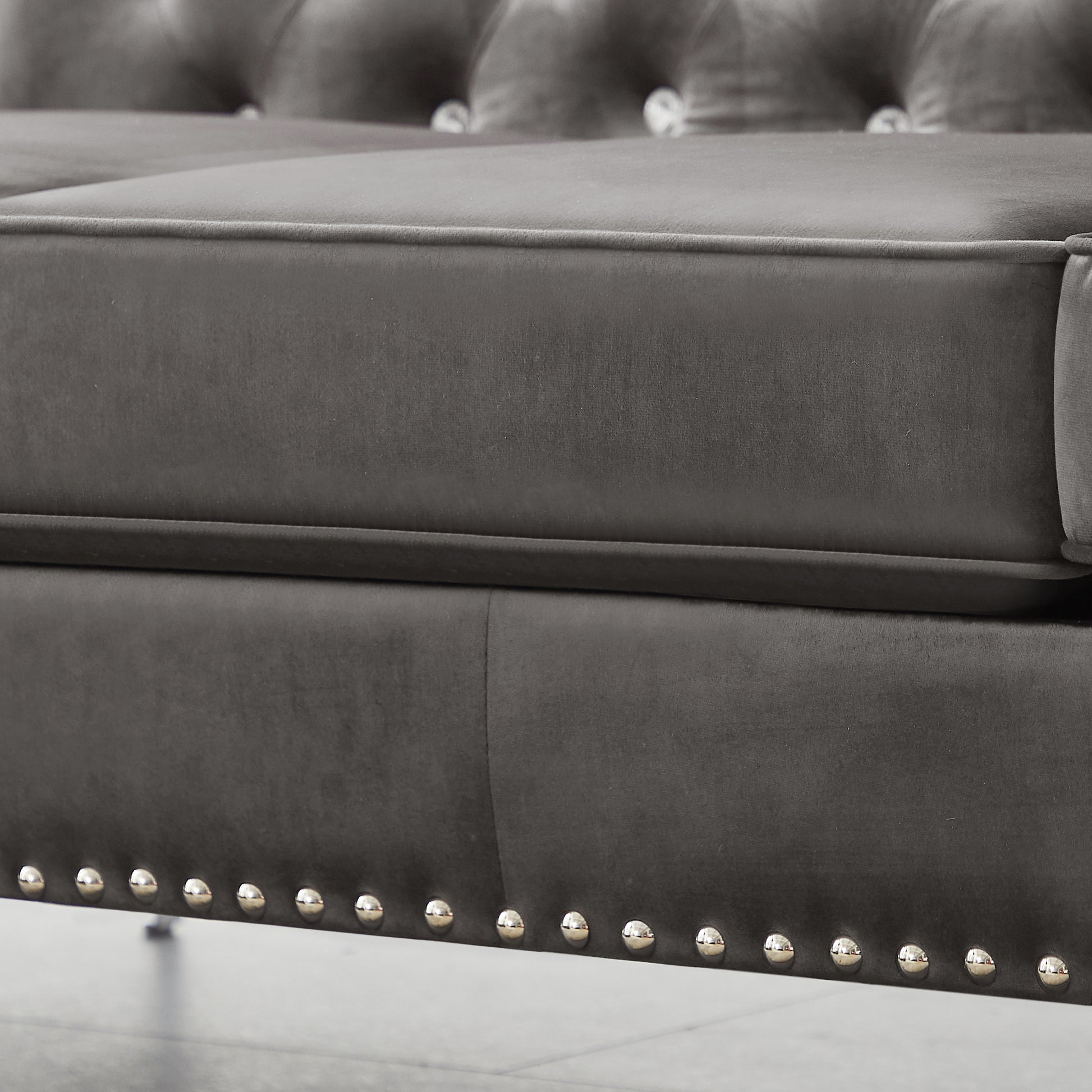 59.4 Inch Wide Grey Velvet Sofa With Jeweled Buttons,Square Arm ,2 Pillow Gray Velvet