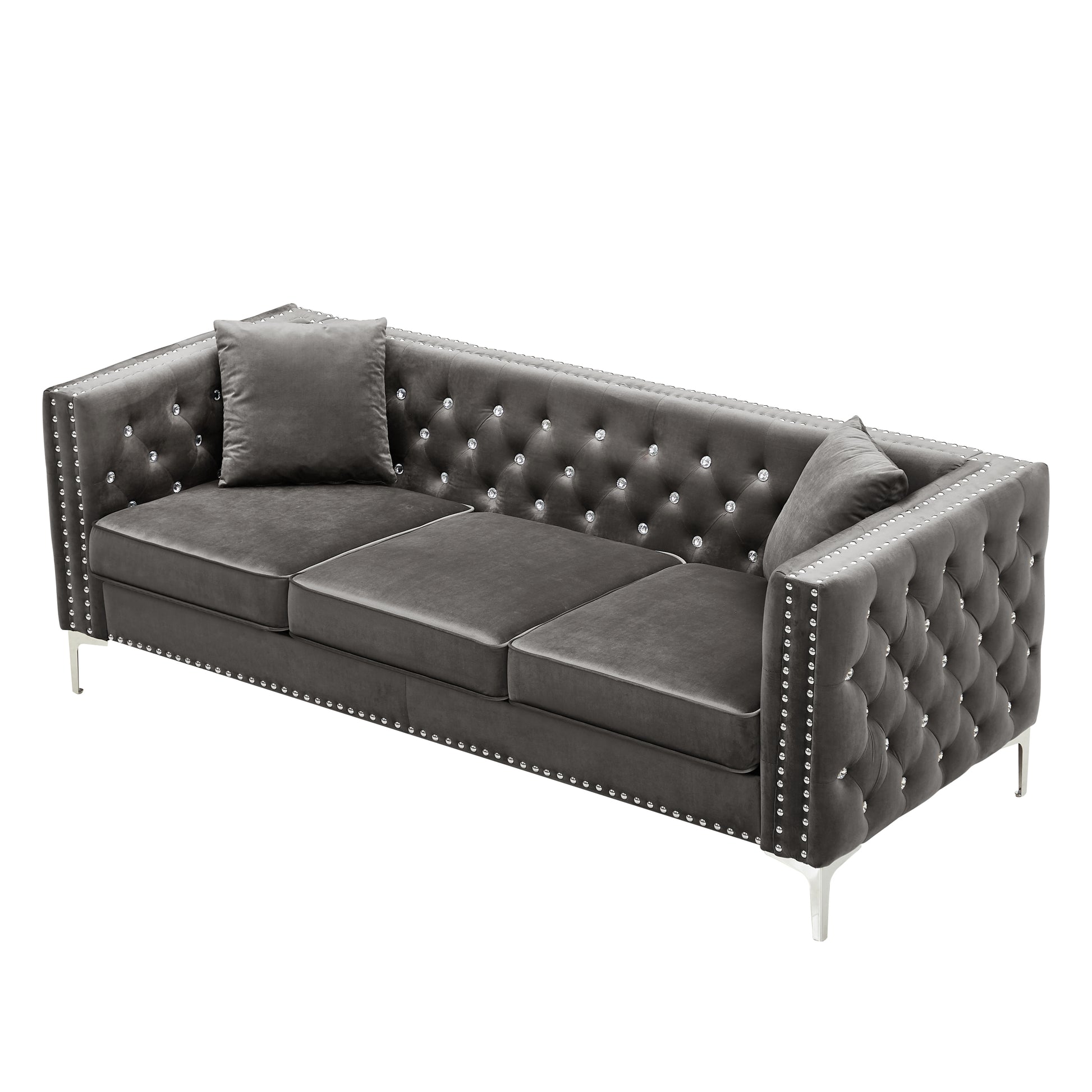 82.3" Width Modern Velvet Sofa Jeweled Buttons Tufted Square Arm Couch Grey,2 Pillows Included Grey Velvet 3 Seat