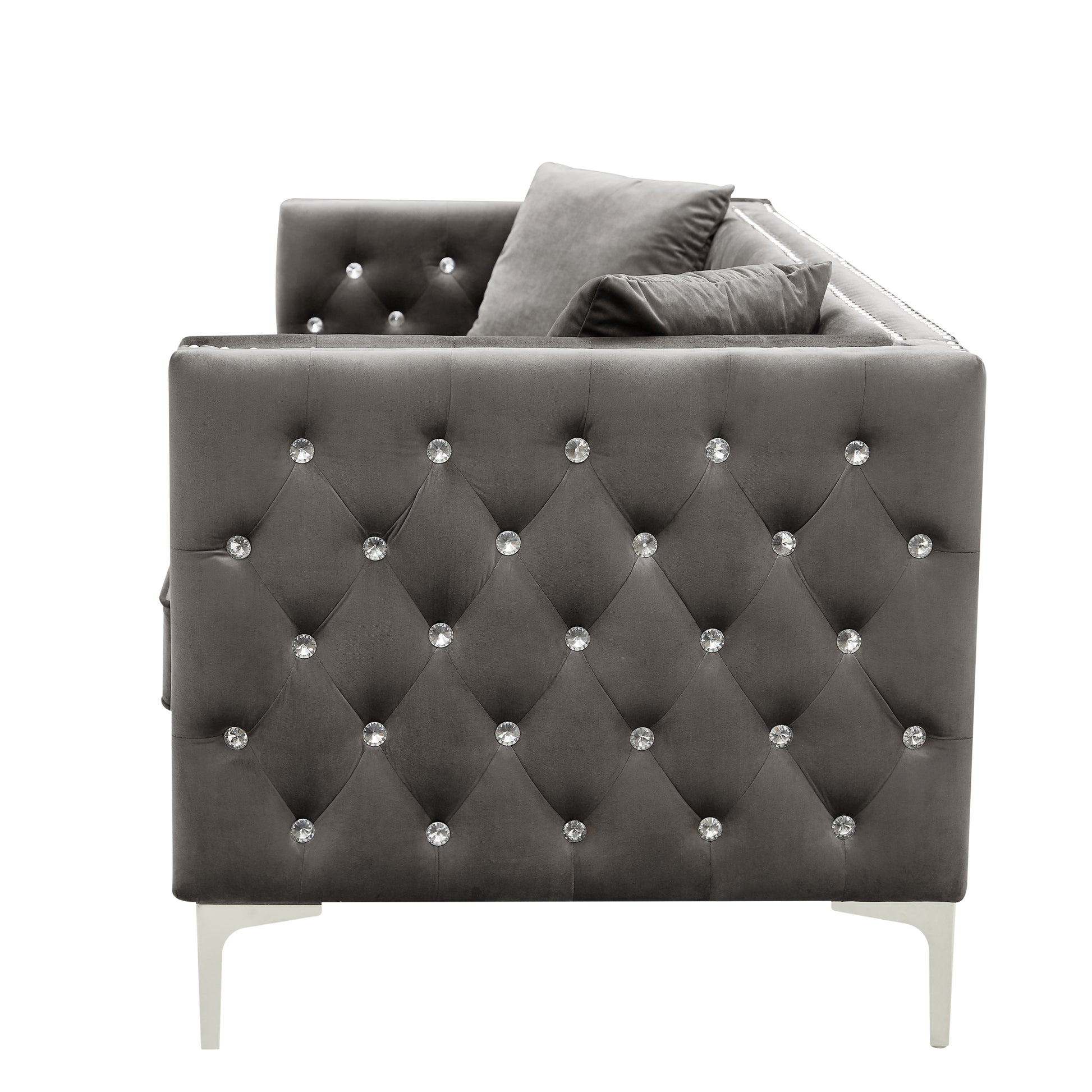 82.3" Width Modern Velvet Sofa Jeweled Buttons Tufted Square Arm Couch Grey,2 Pillows Included Grey Velvet 3 Seat