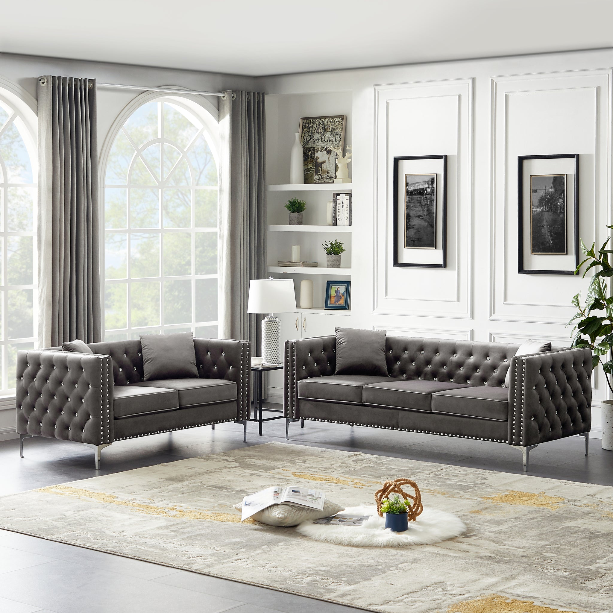 2 Piece Modern Velvet Living Room Set With Sofa And Loveseat,Jeweled Button Tufted Copper Nails Square Arms,4 Pillows Included Grey Velvet 5 Seat