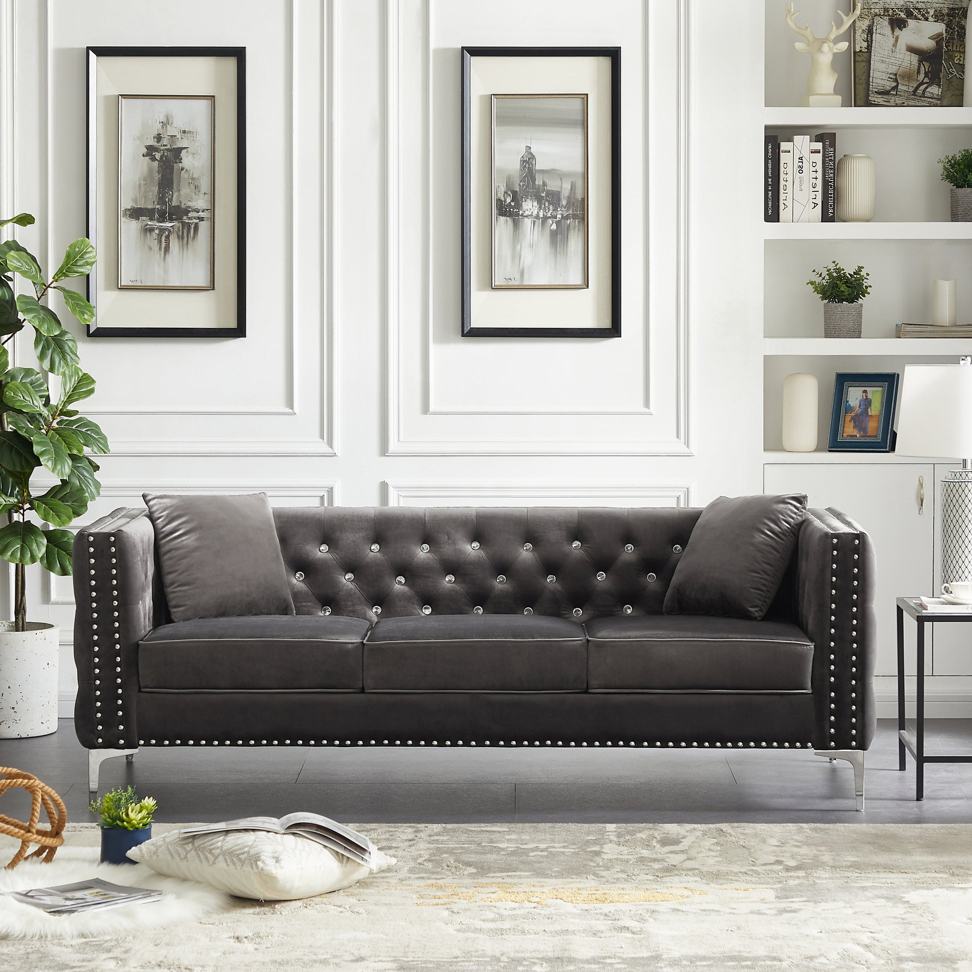 82.3" Width Modern Velvet Sofa Jeweled Buttons Tufted Square Arm Couch Grey,2 Pillows Included Grey Velvet 3 Seat