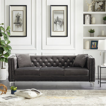 82.3" Width Modern Velvet Sofa Jeweled Buttons Tufted Square Arm Couch Grey,2 Pillows Included Grey Velvet 3 Seat