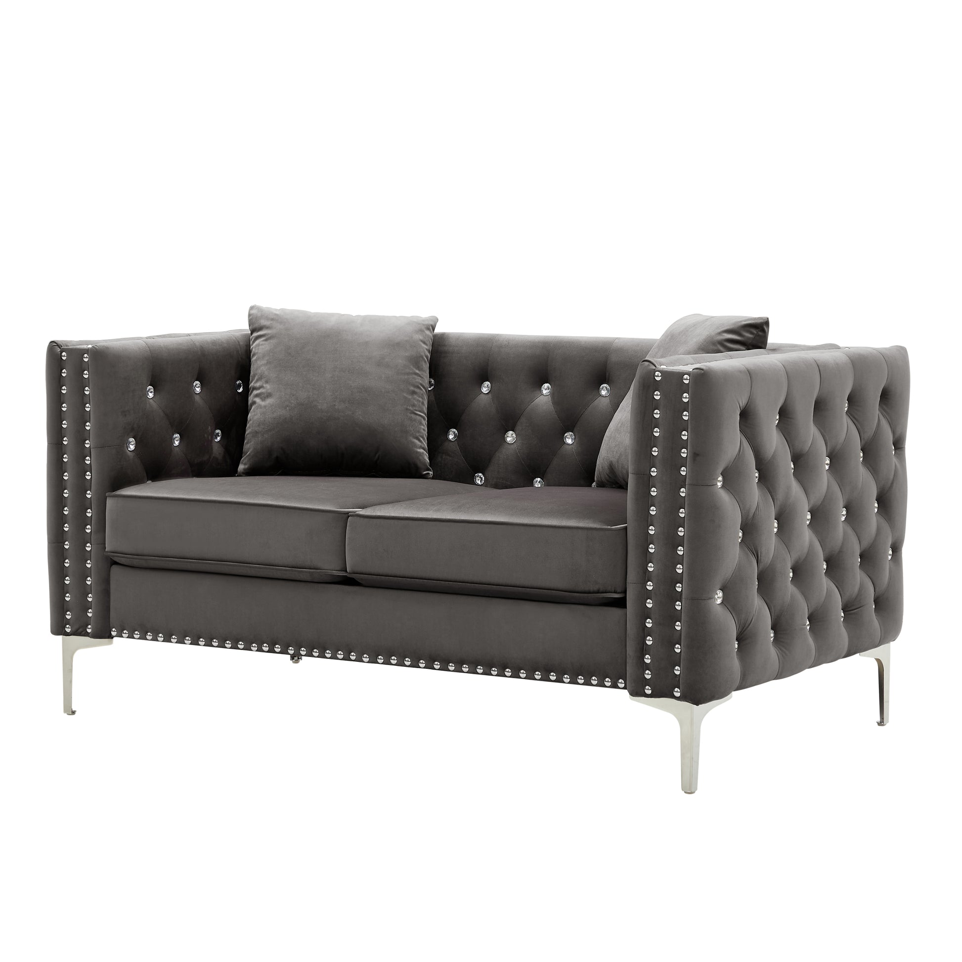 59.4 Inch Wide Grey Velvet Sofa With Jeweled Buttons,Square Arm ,2 Pillow Gray Velvet