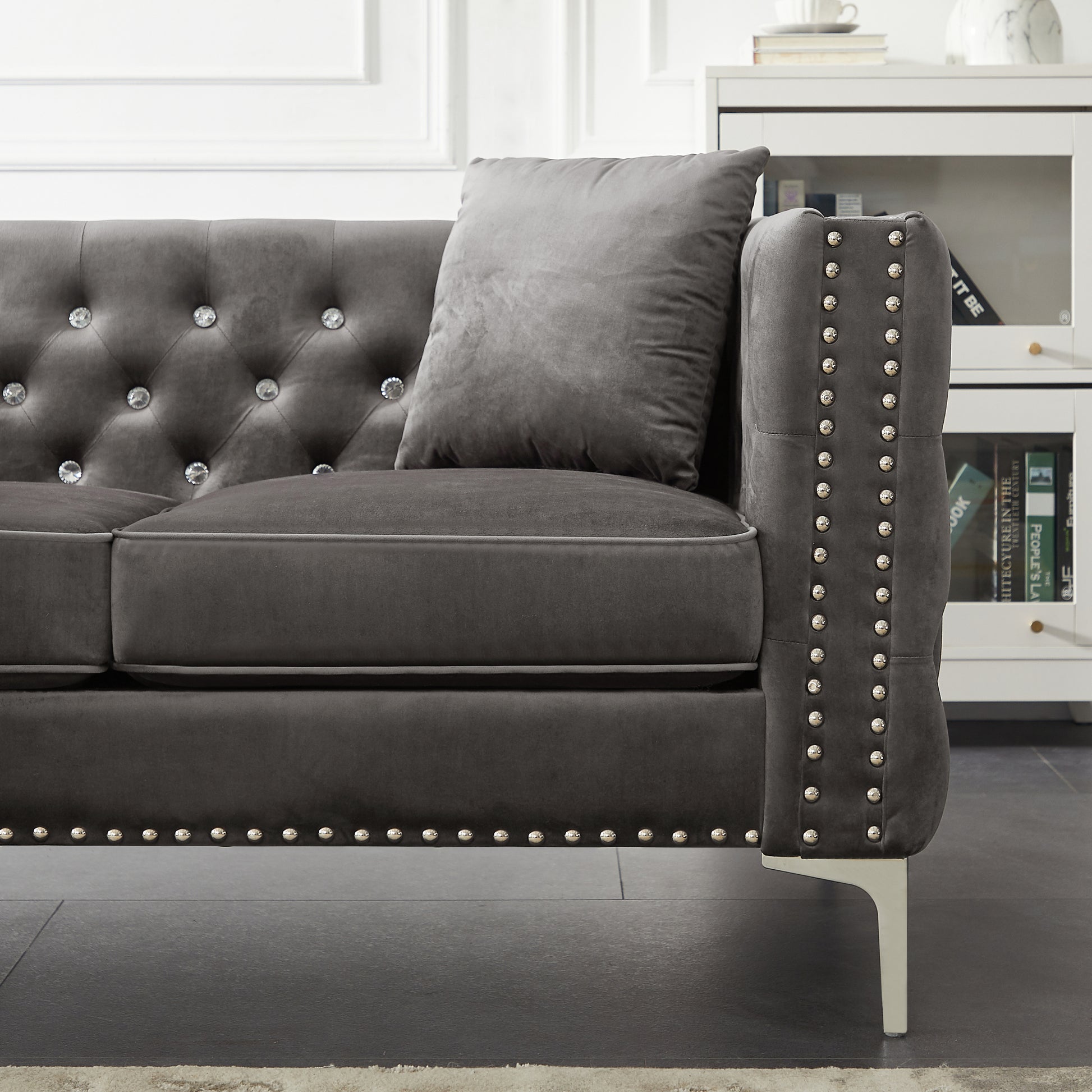 59.4 Inch Wide Grey Velvet Sofa With Jeweled Buttons,Square Arm ,2 Pillow Gray Velvet