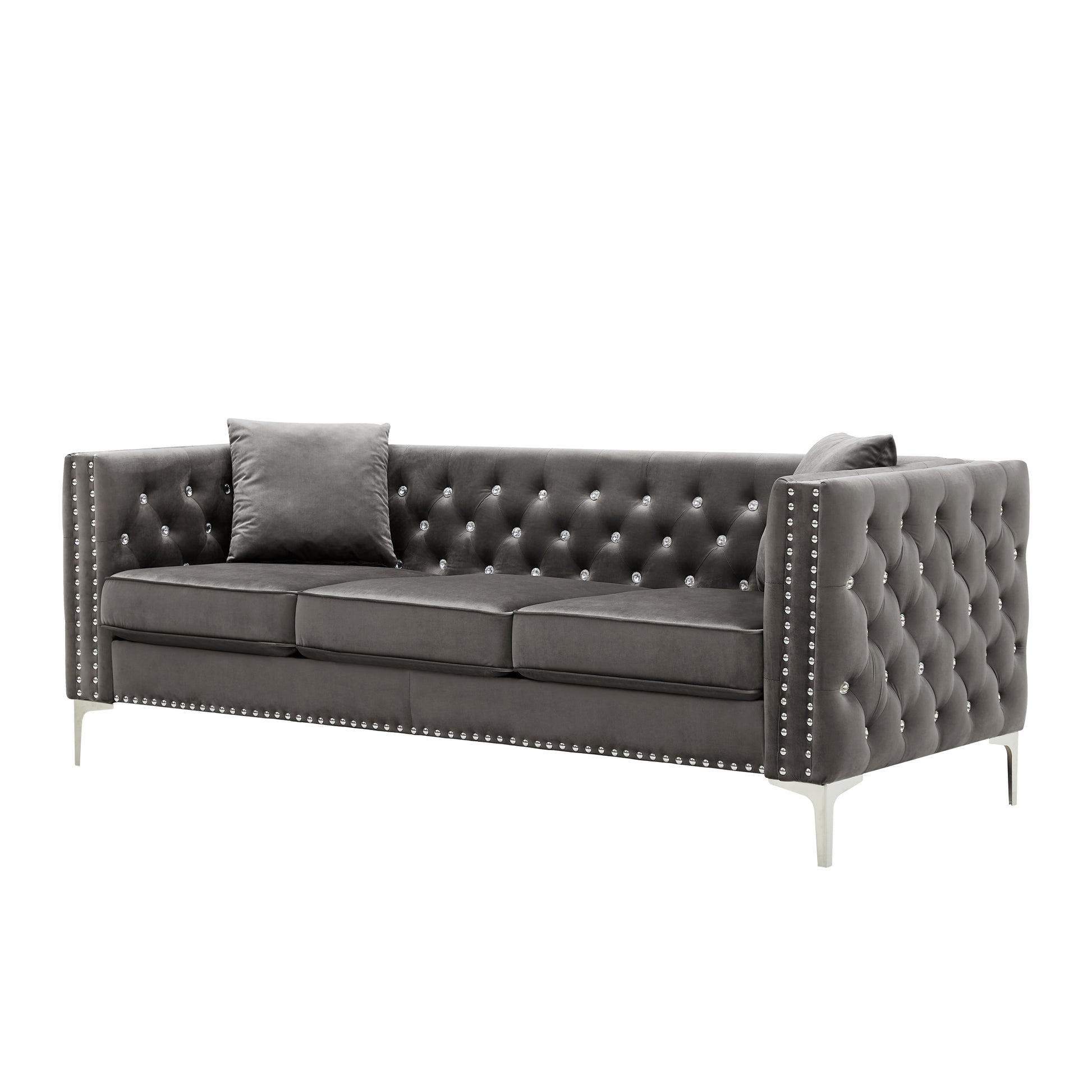 82.3" Width Modern Velvet Sofa Jeweled Buttons Tufted Square Arm Couch Grey,2 Pillows Included Grey Velvet 3 Seat