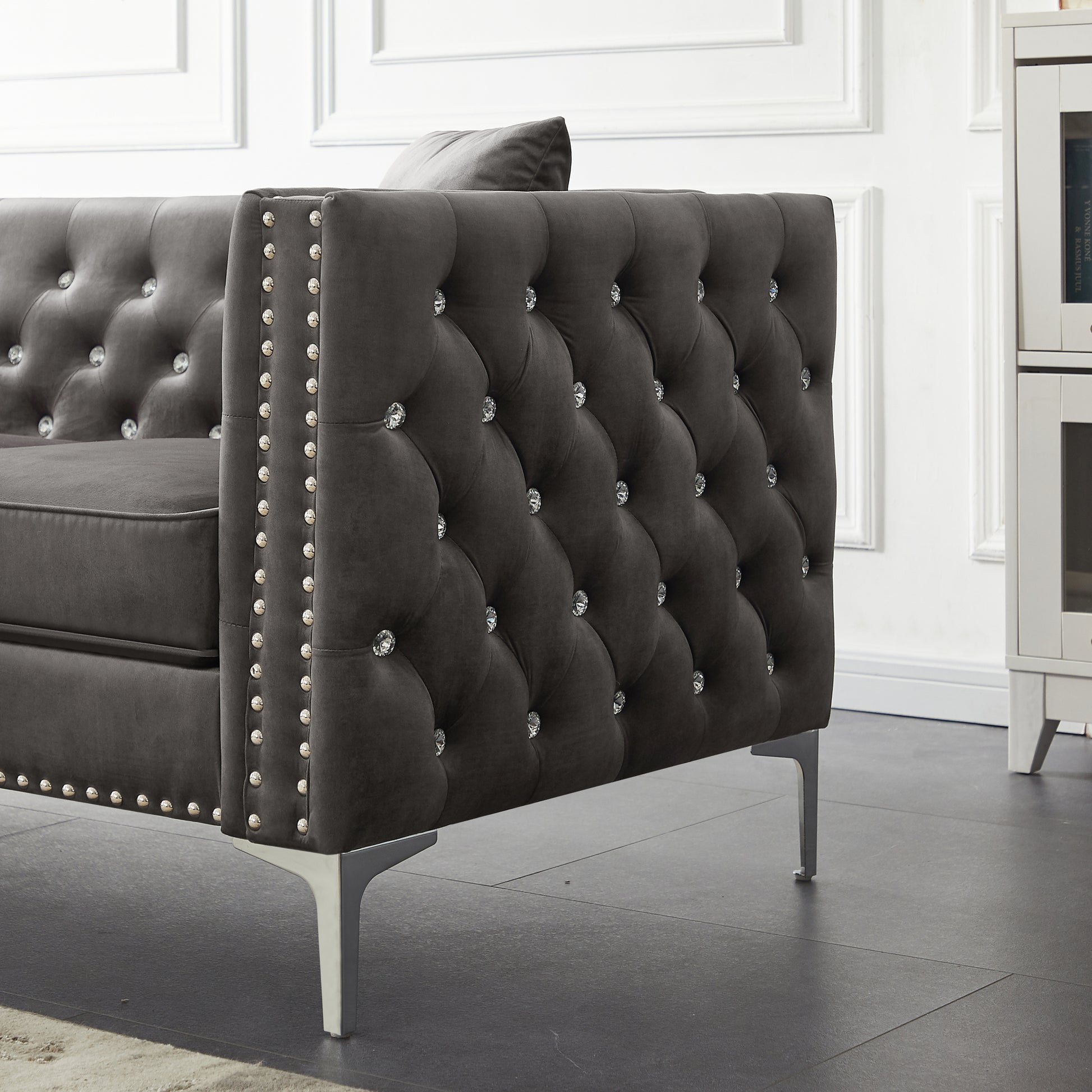 82.3" Width Modern Velvet Sofa Jeweled Buttons Tufted Square Arm Couch Grey,2 Pillows Included Grey Velvet 3 Seat